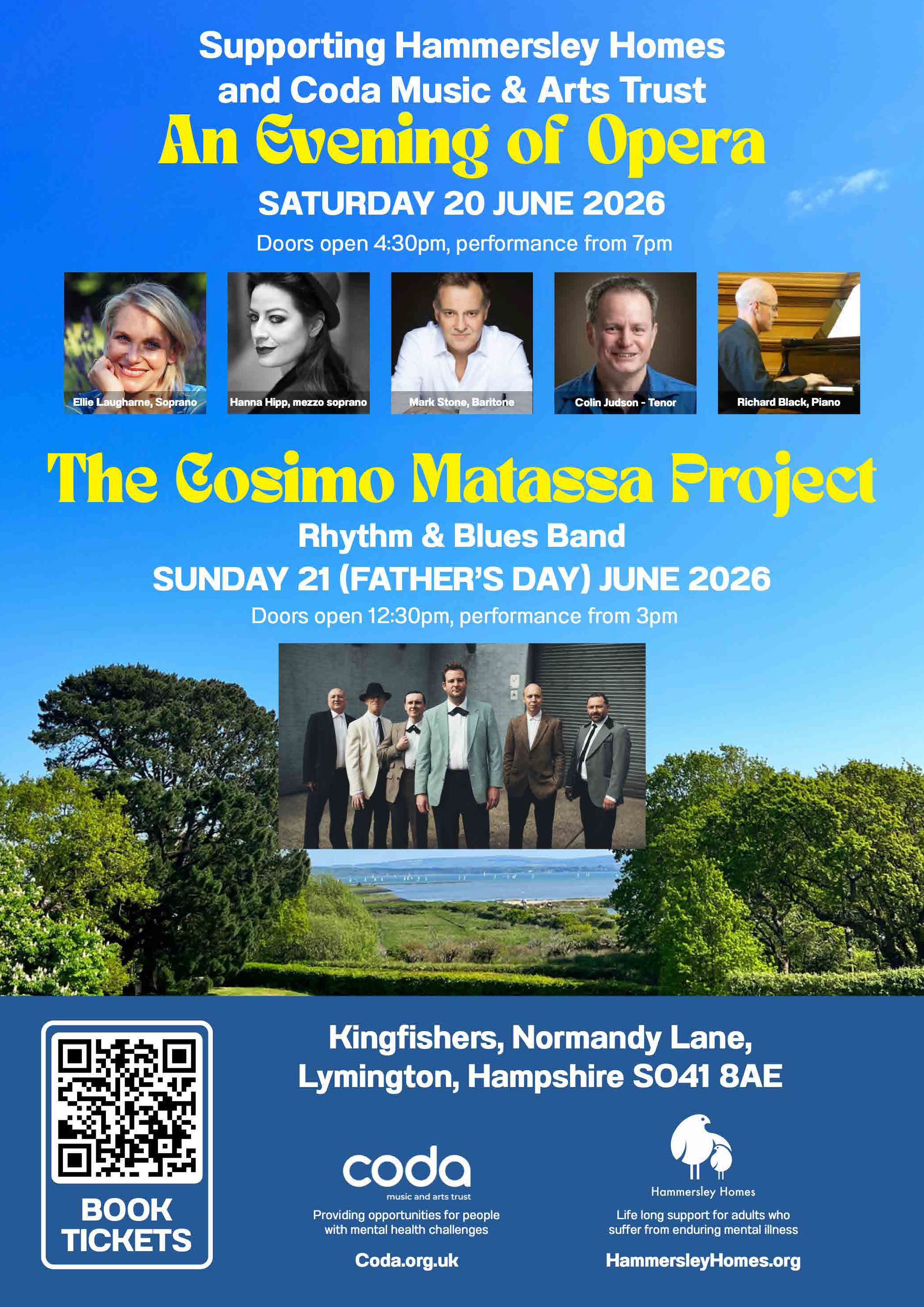 An event poster for Kingfishers and Hammersley Homes music weekend in the New Forest.