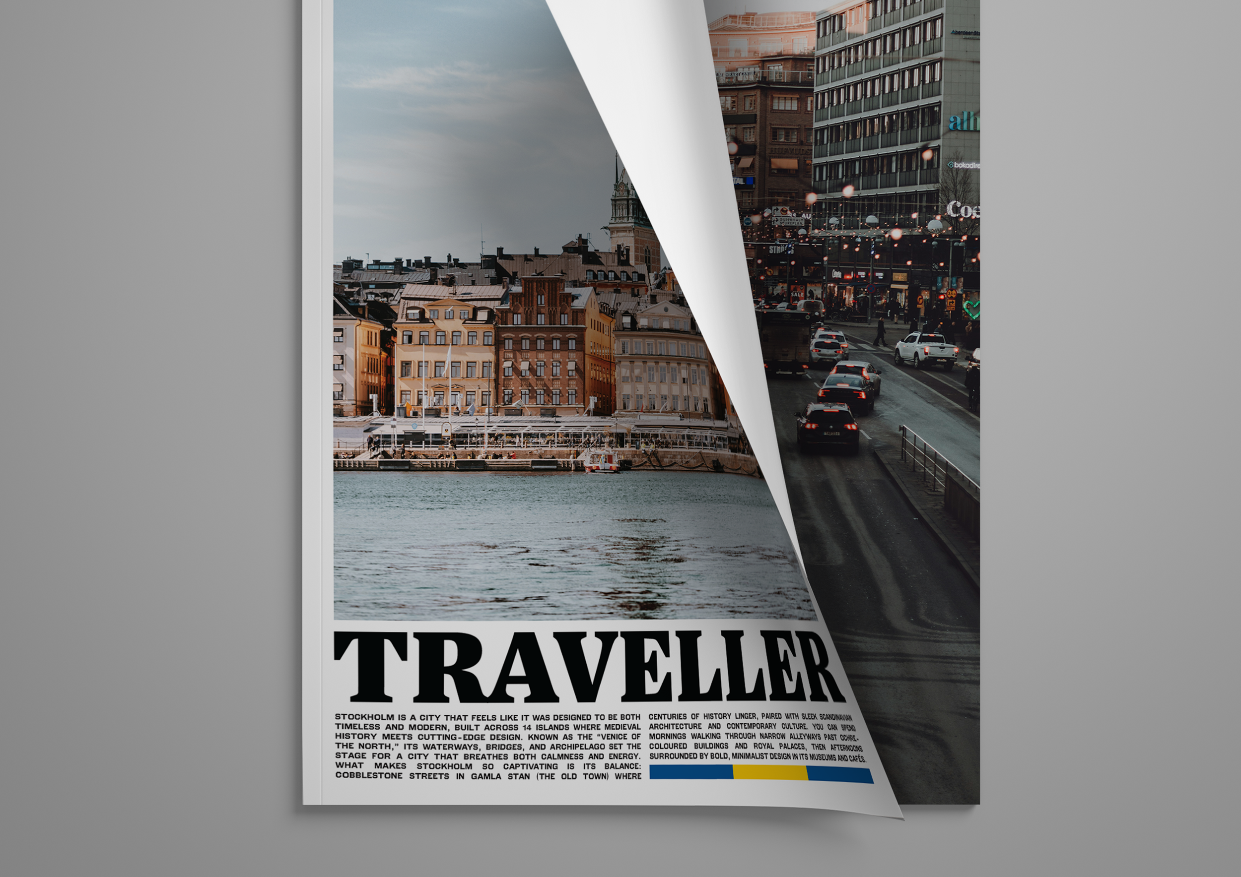 A magazine or newspaper page with the title 'Travellers' and a subtitle 'Stockholm is a city that feels like it was designed to be both timeless and modern, built across 14 islands where medieval architecture and contemporary culture'. The page featu