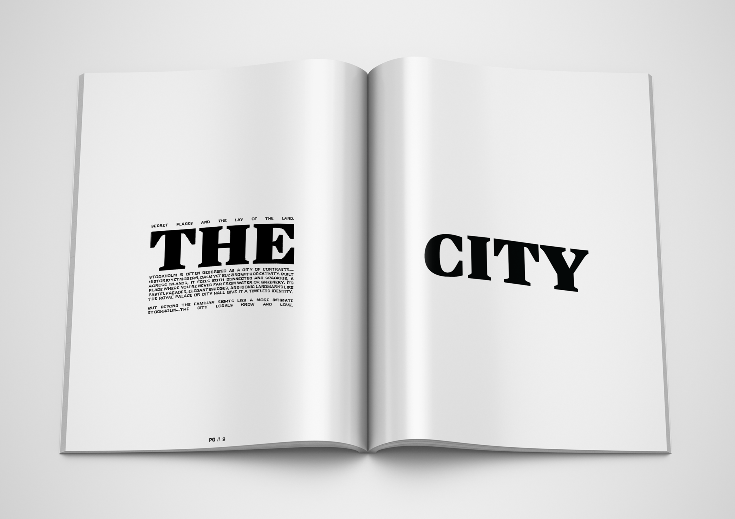 Open magazine with black and white text, showing part of an article about Stockholm, Sweden, with large bold heading and smaller paragraph text.
