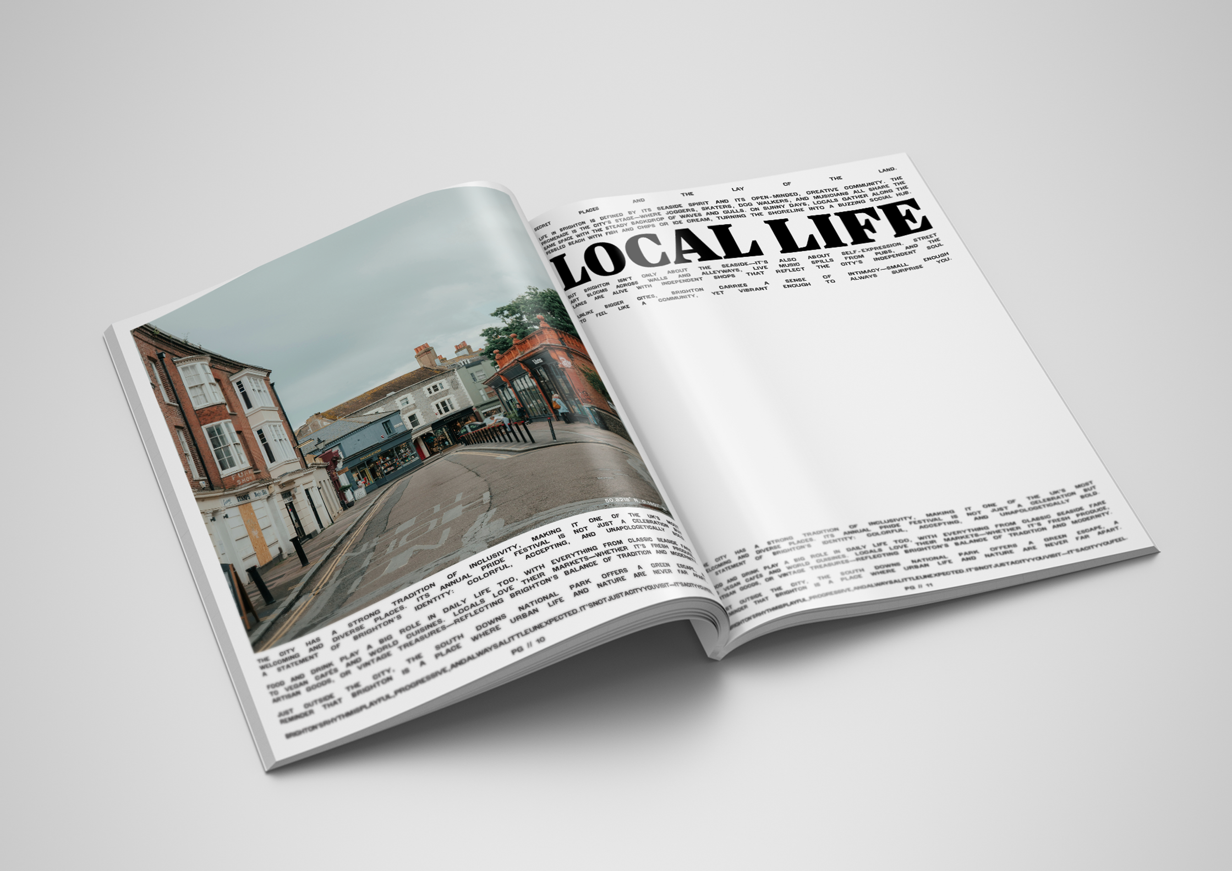 Open magazine showing a street scene with brick buildings and a road, exhibiting a mix of architectural styles under cloudy skies.