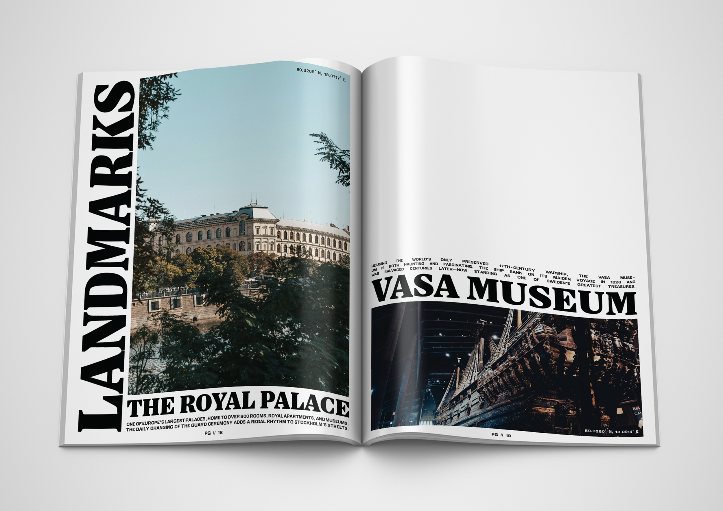 Open magazine featuring a article about the Vasa Museum in Stockholm, Sweden, with images of the museum building and interior.