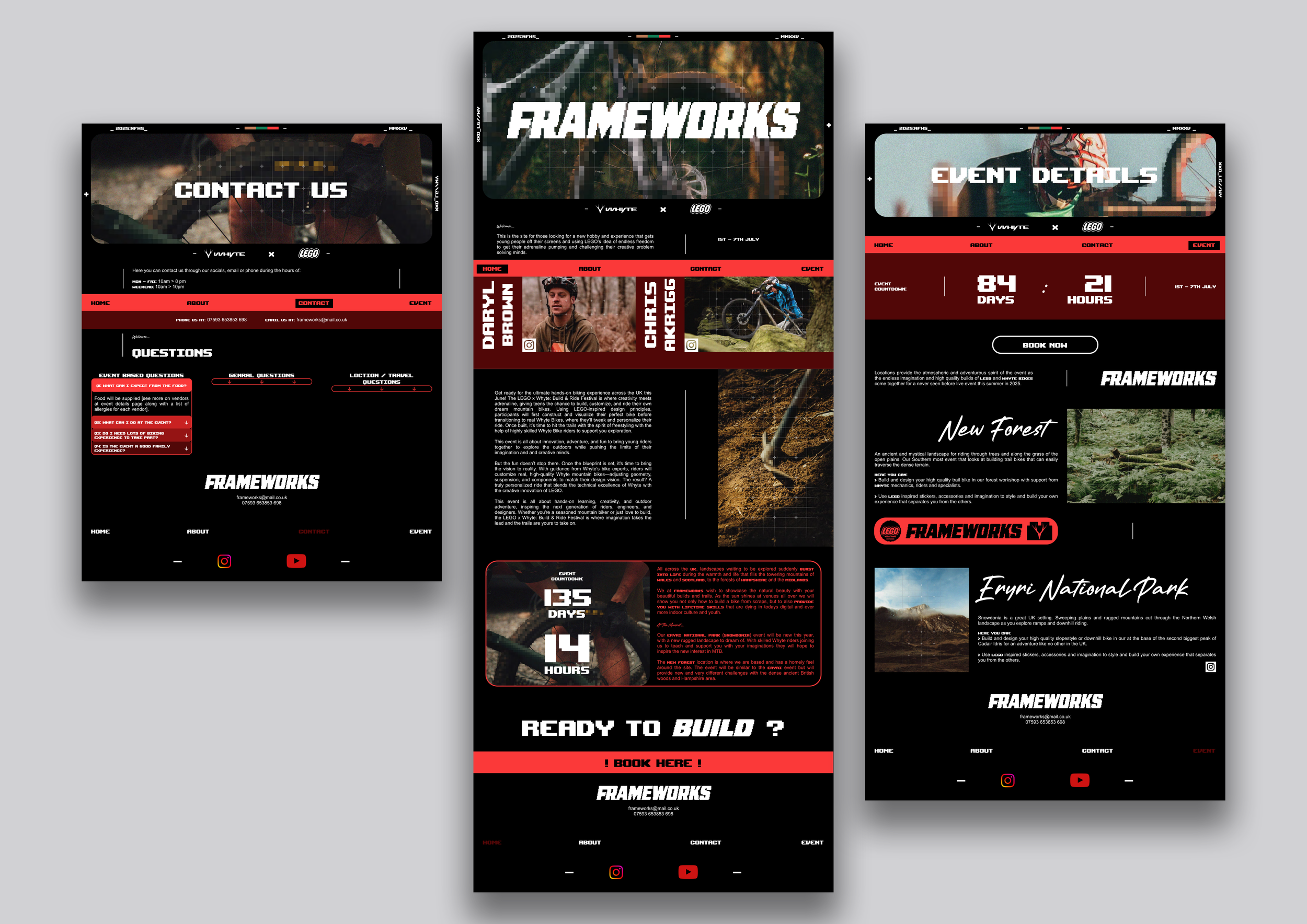 Three website mockups for a biking and outdoor adventure company called Frameworks. The designs include sections for event details, contact information, event countdowns, and promotional content with images of biking landscapes and riders.