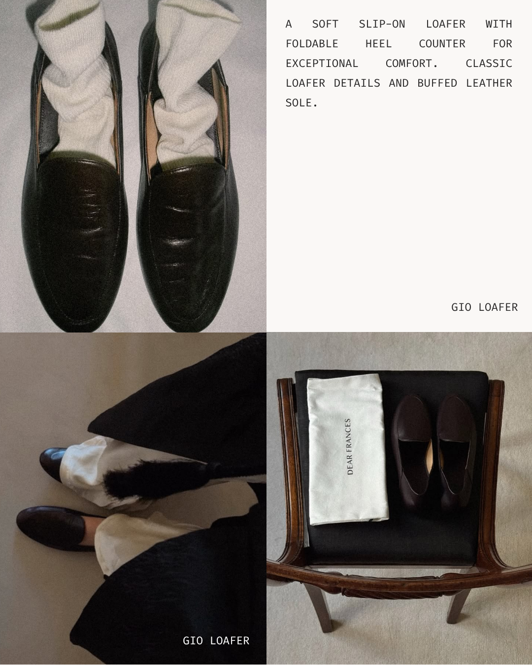 Two pairs of slip-on loafers with foldable heel counters, a pair of black loafers worn with light-colored socks, and a set of loafers with a white bag labeled 'DEAR FRANCES' on a black cushioned chair.