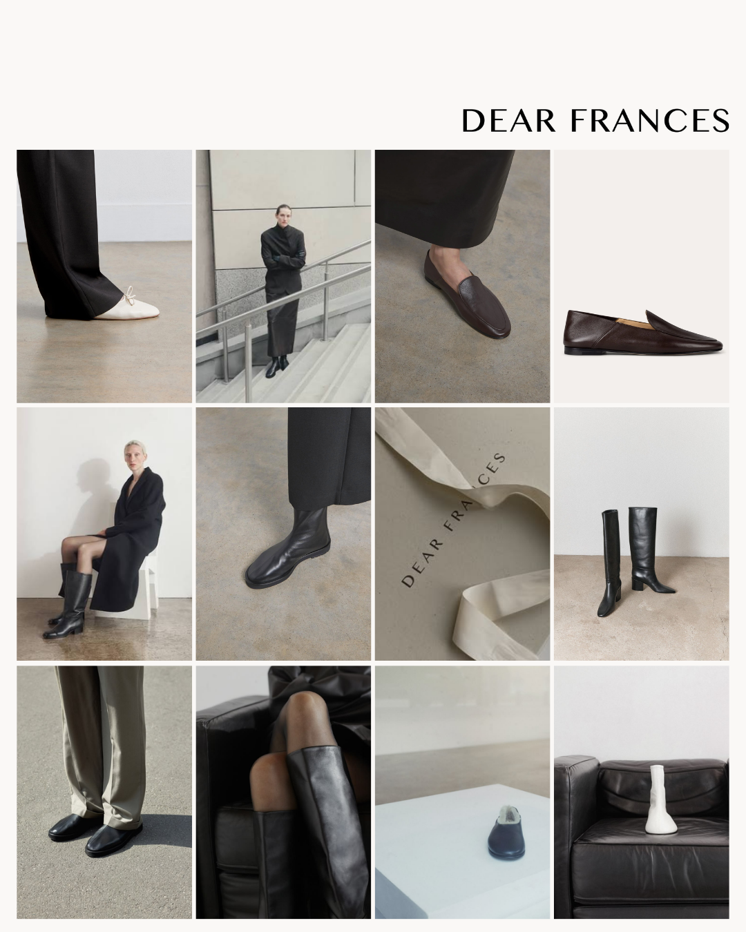 A collage of fashion photos featuring various black, brown, and beige footwear, coats, and accessories, with minimalistic backgrounds and models in different poses.