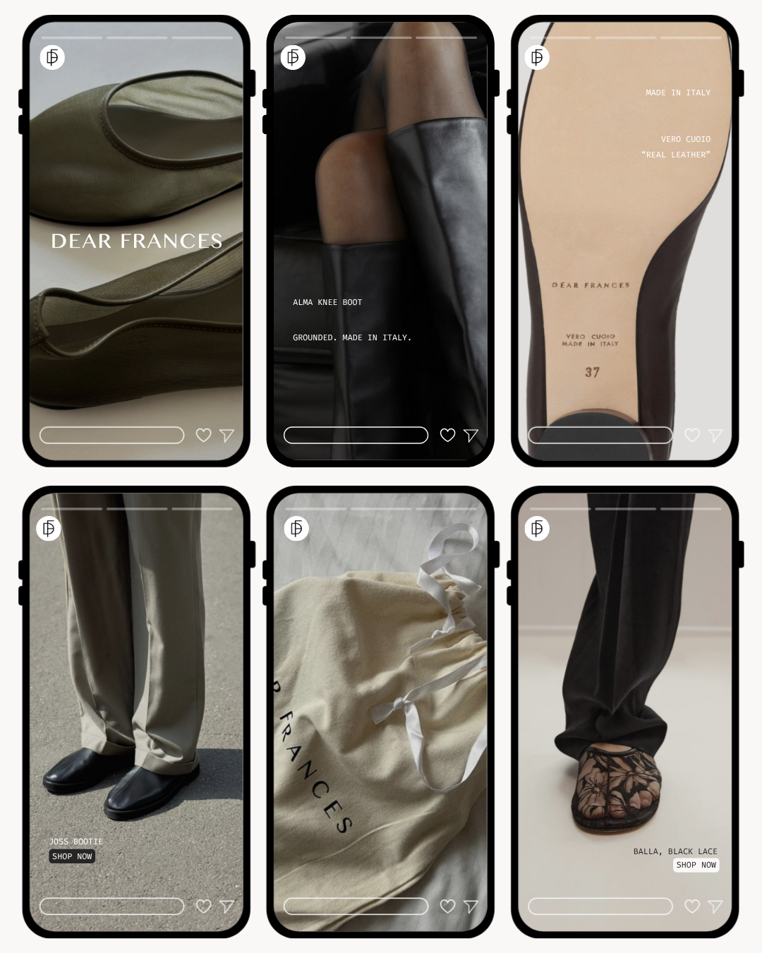 Six photos of luxury fashion items, including designer shoes, handbags, and clothing, against neutral backgrounds.