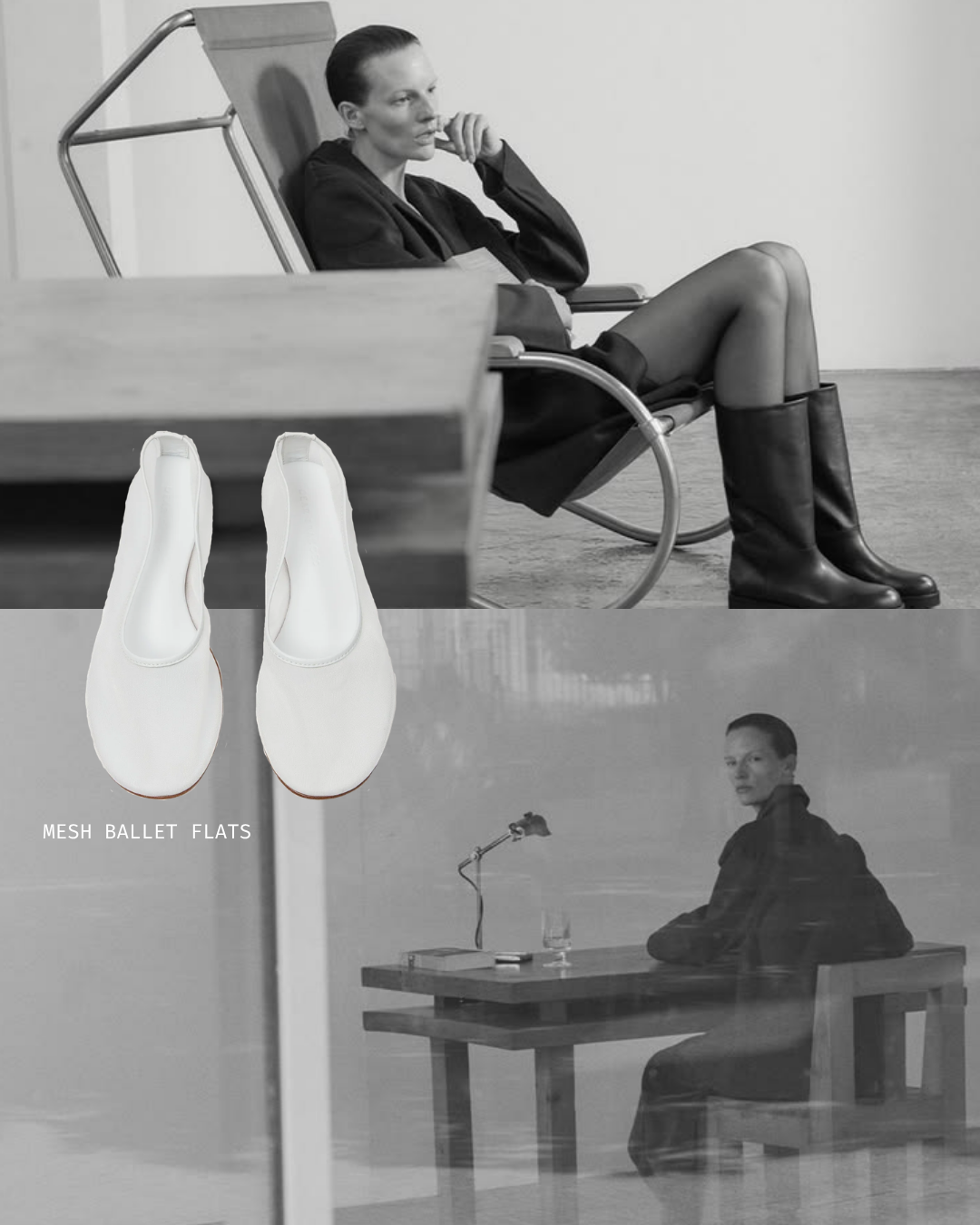 Two images of women in black and white. The first woman is sitting in a chair with a thoughtful expression, wearing black boots and a dark outfit, with a pair of white ballet flats overlayed. The second woman is sitting at a table, looking over her shoulder, with a glass of water and a desk lamp.