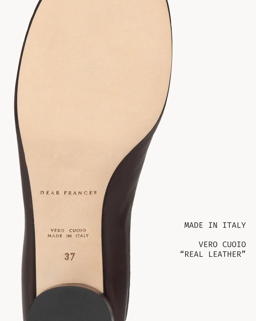 The sole of a high-heeled shoe with marking 'Dear Frances,' 'Vero Cuoio,' 'Made in Italy,' and size 37. The shoe appears to be made of genuine leather.