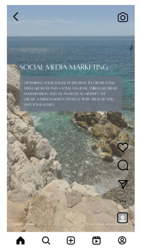 Instagram post about social media marketing with a background of a rocky shoreline and ocean, including icons for like, comment, share, and profile.