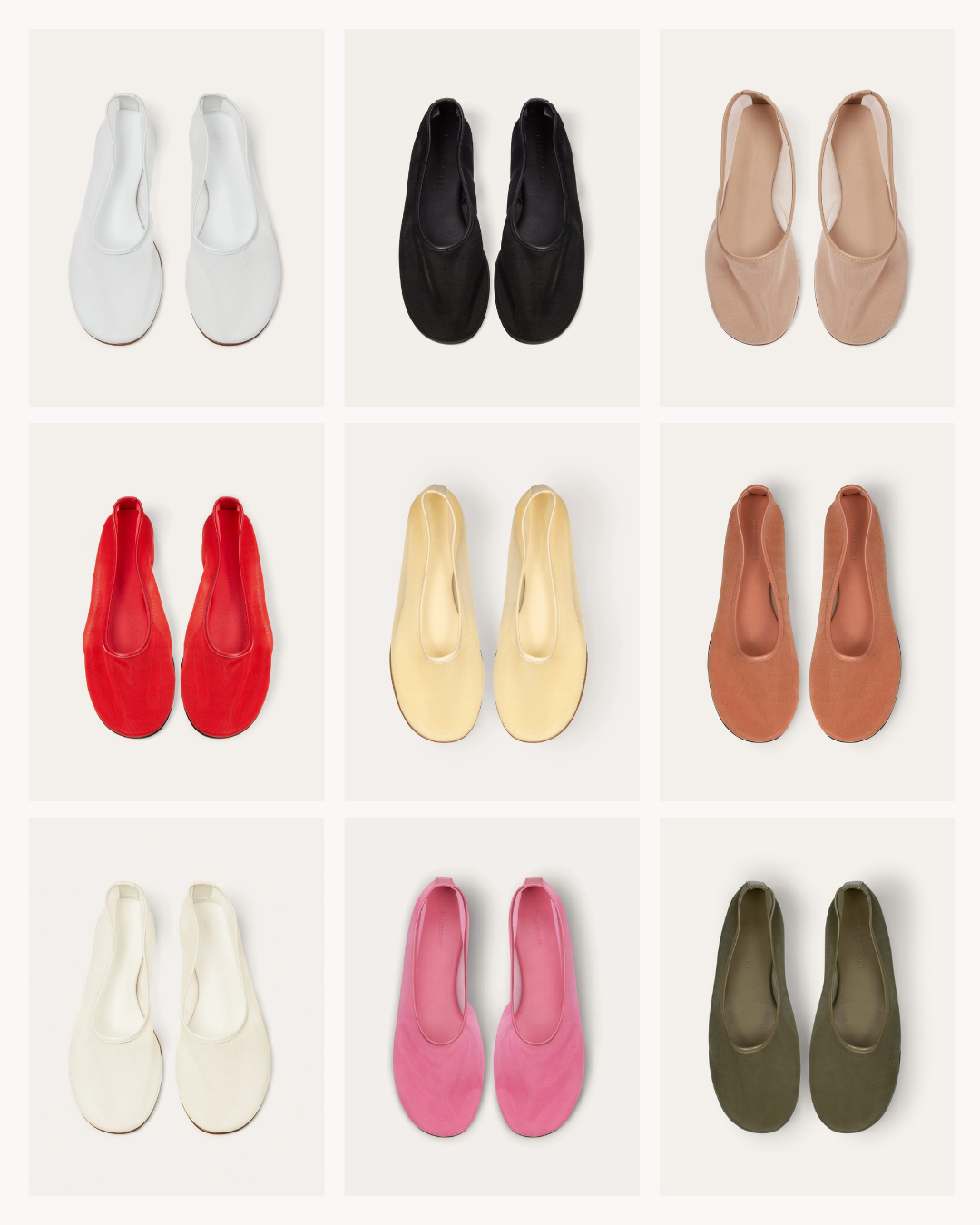 Grid of nine pairs of ballet flats in different colors, including white, black, beige, red, yellow, brown, cream, pink, and olive green.