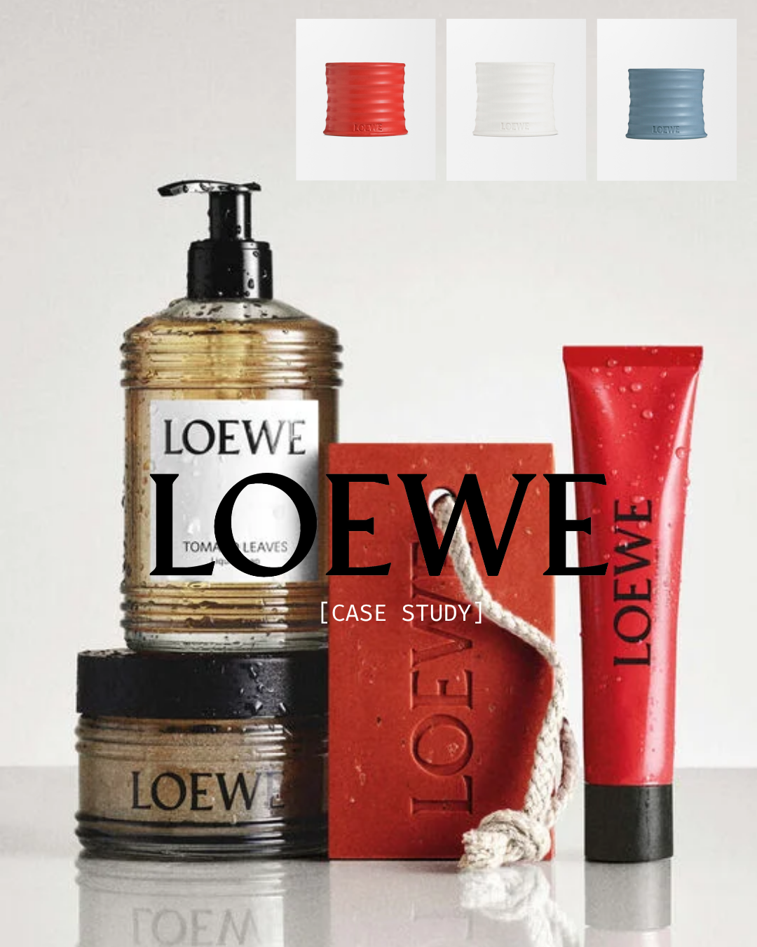 Loewe brand beauty and skincare products including a pump bottle, a red soap bar, a tube, and triple color samples at the top.