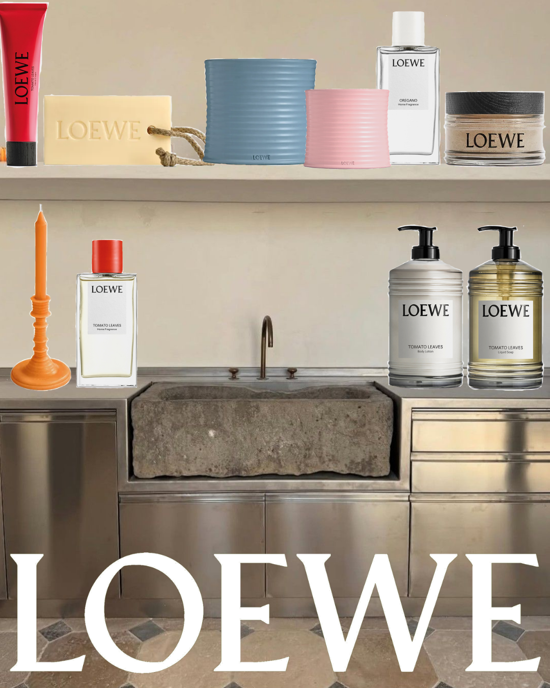 Loewe skincare and fragrance products on a kitchen shelf, including soap, candles, lotions, and perfumes.