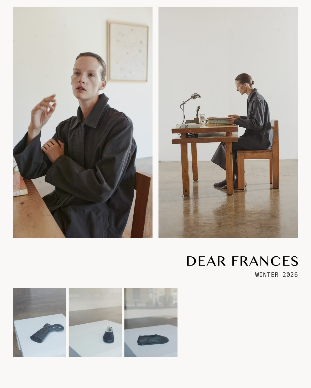 A fashion magazine cover titled "Dear Frances Winter 2026" featuring a woman with dark hair tied back, wearing a dark coat, sitting at a wooden desk with a glass of water, books, and a desk lamp. The cover includes three additional images of various shoes displayed on white platforms.