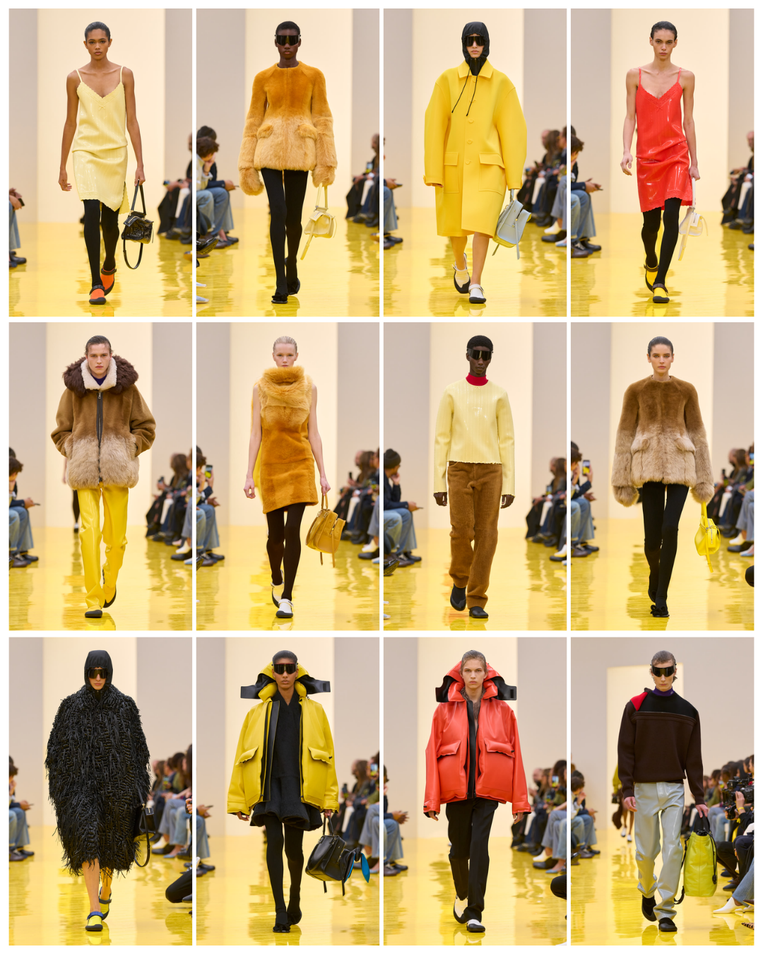 Runway fashion show featuring models in various colorful and fur outfits walking down a yellow runway.