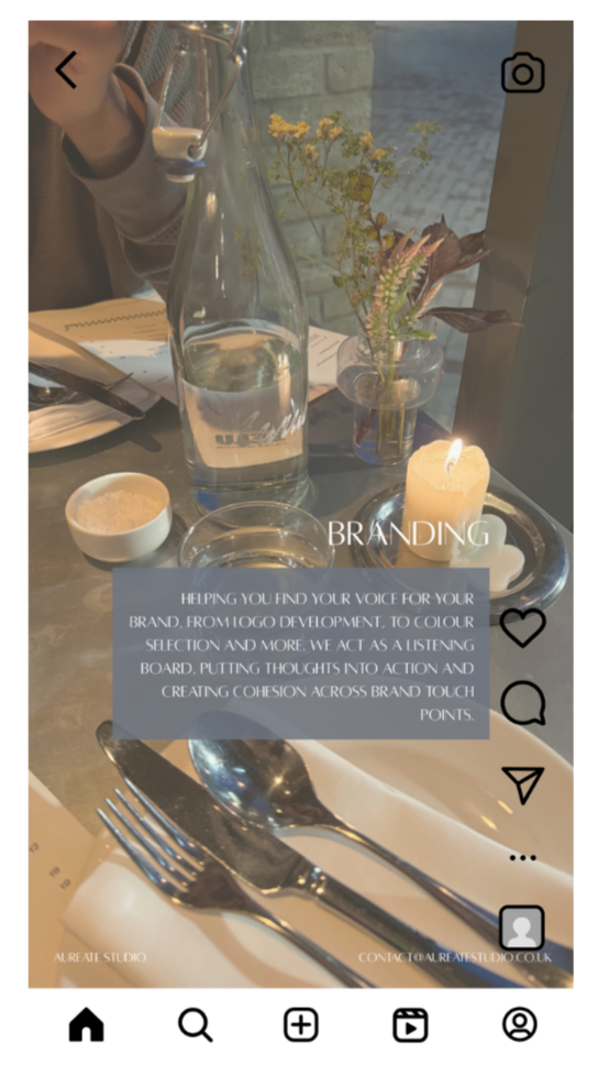 A table setup with a fork, knife, spoon, a lit candle, a bottle of water, a glass, a small bowl, a notebook, and a plant in a glass vase. Text overlay discusses branding services.