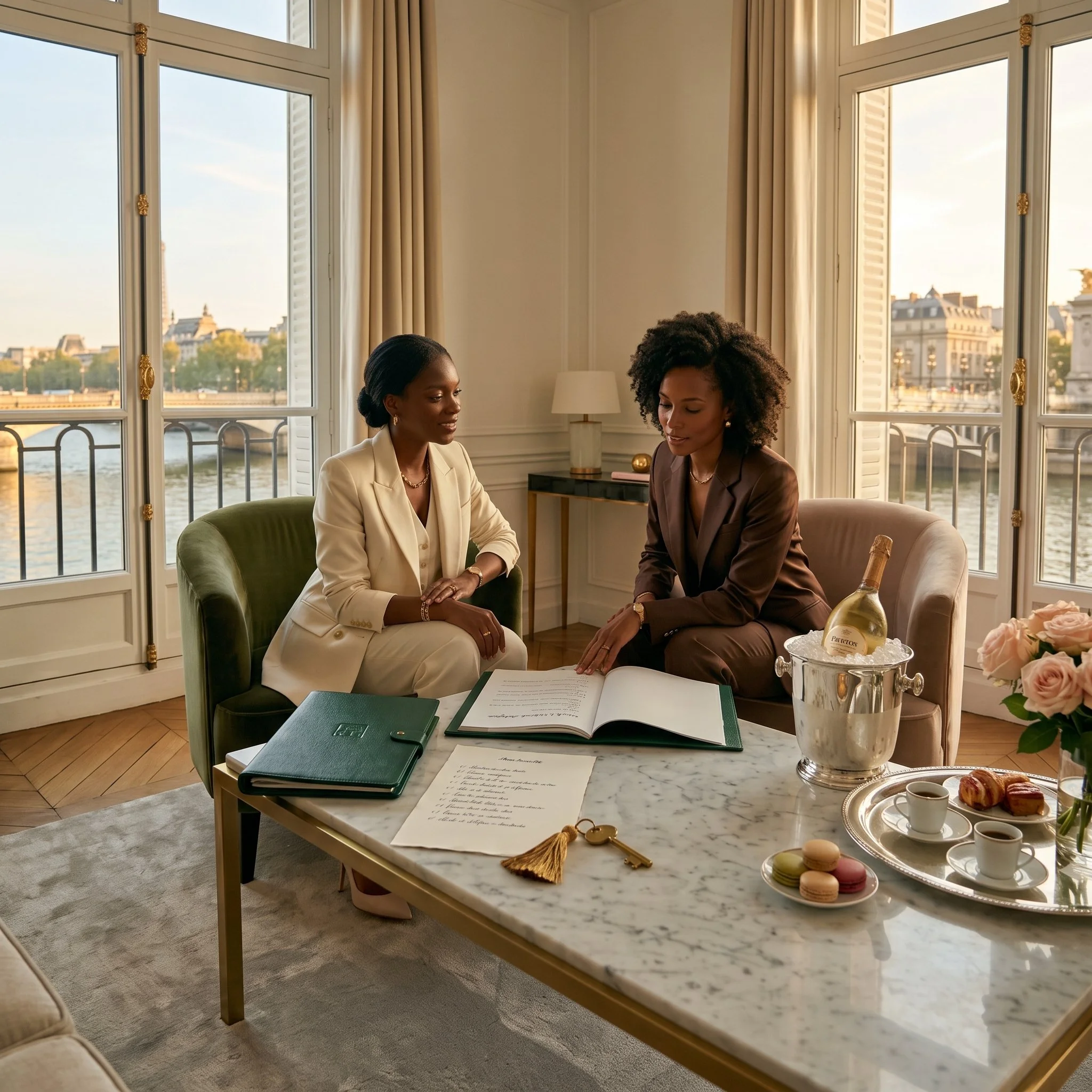 Soft Landing session for Black women in a luxury Seine-view Paris apartment with Ruinart.