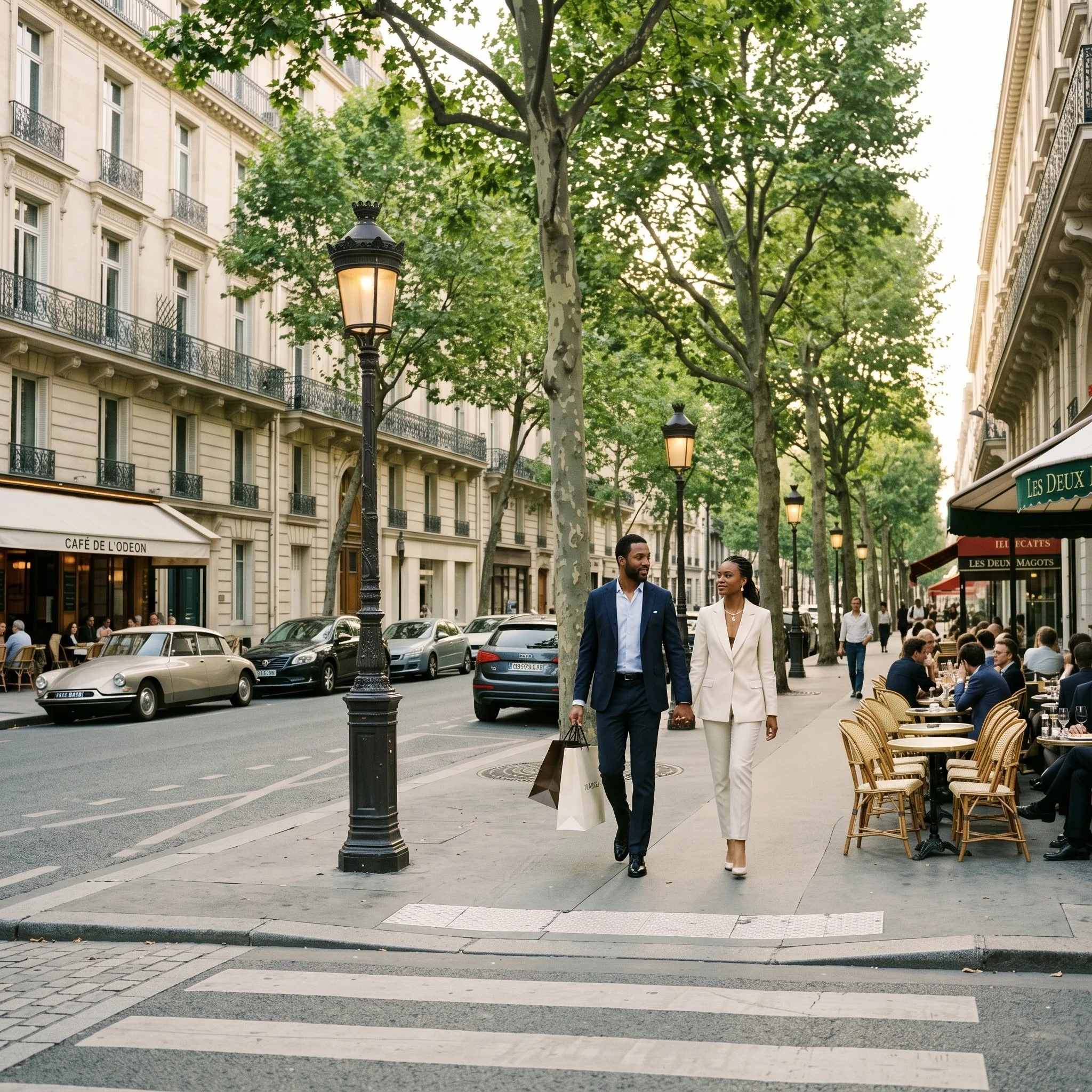 Stylish Black couple walking in the luxury Saint-Germain-des-Prés neighborhood of Paris.