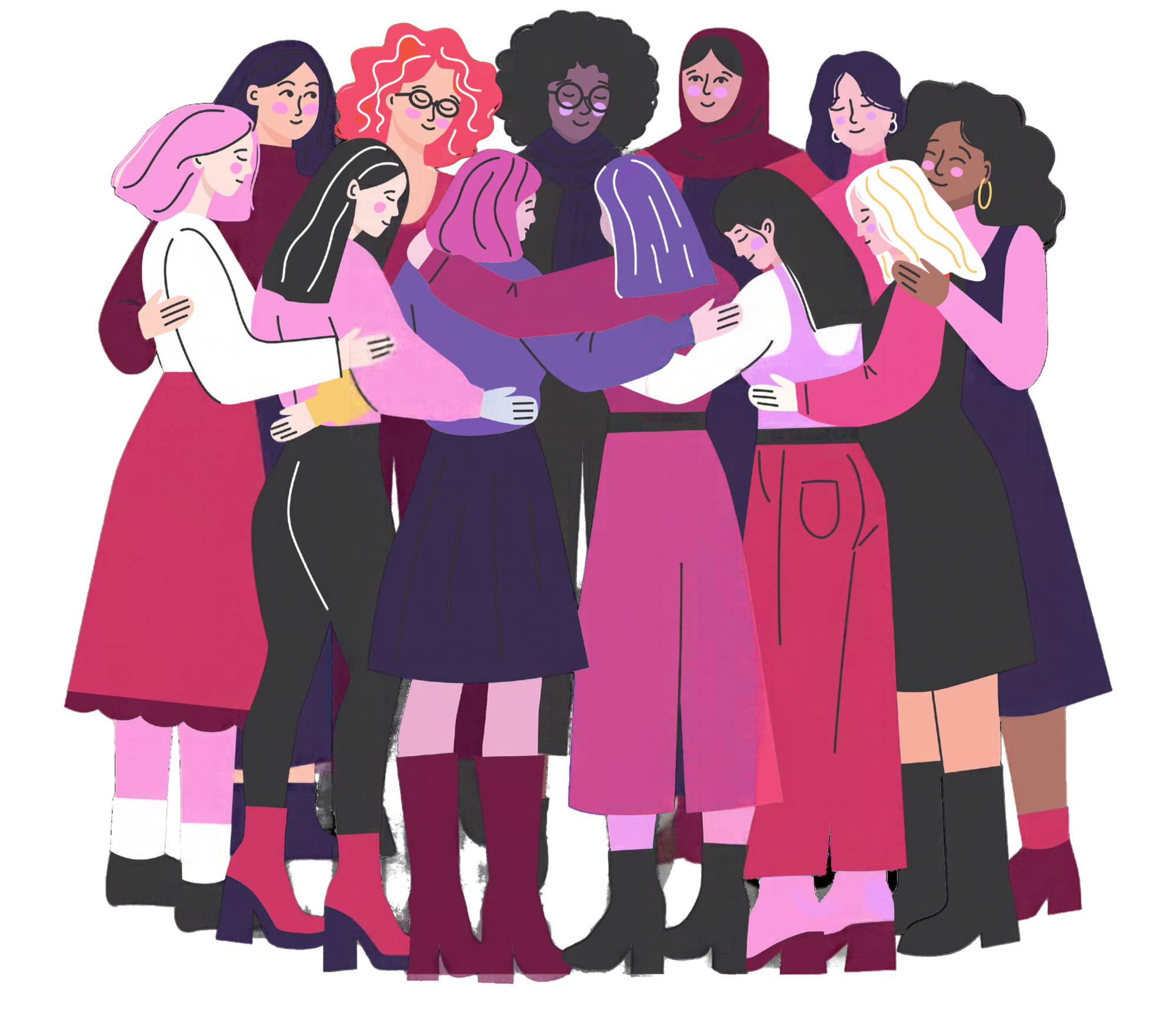 Illustration colorée d’un groupe diversifié de femmes se tenant les bras, symbole de solidarité et d’unité.