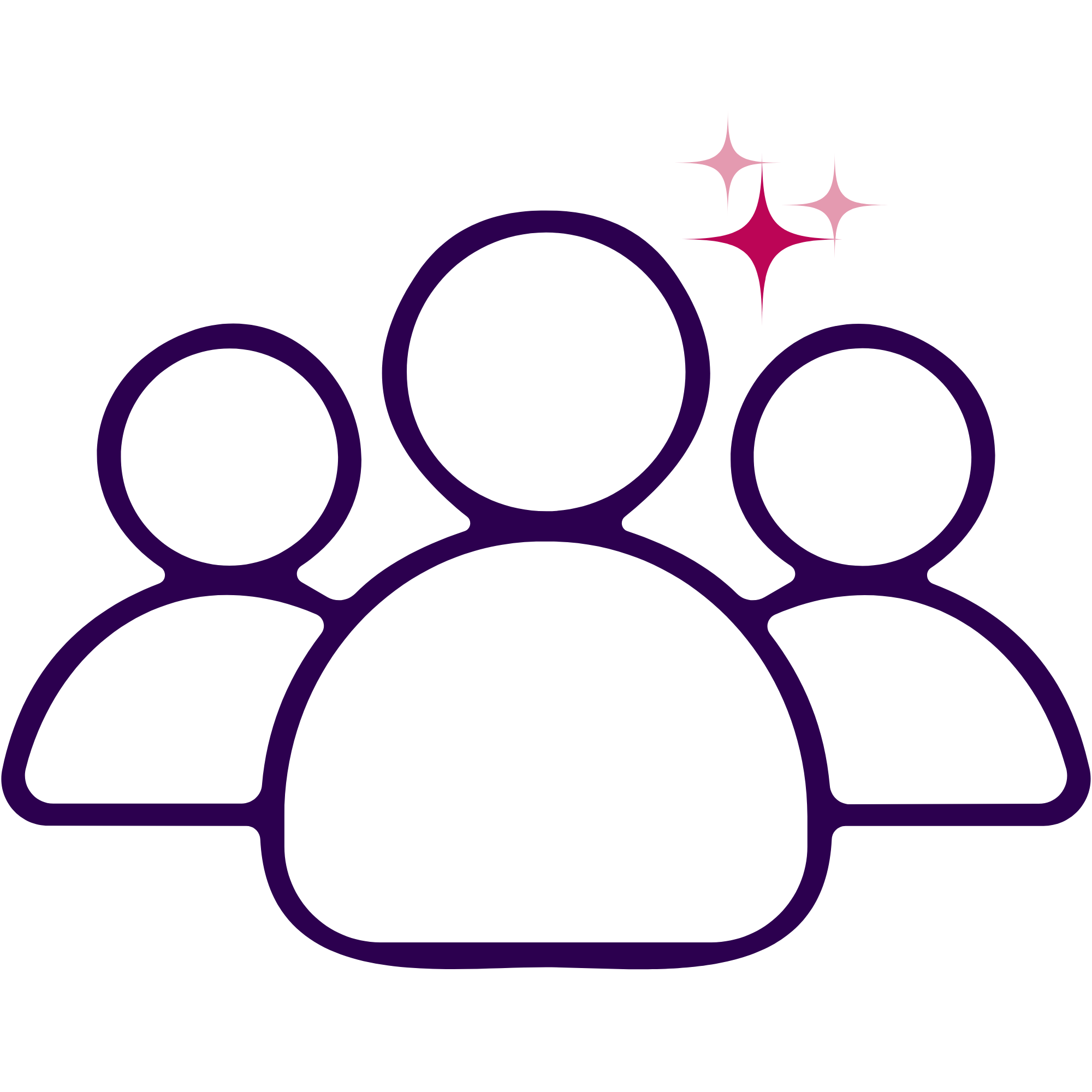 Illustration minimaliste d’un groupe de trois personnes stylisées en violet, avec des étoiles roses scintillantes sur fond noir.