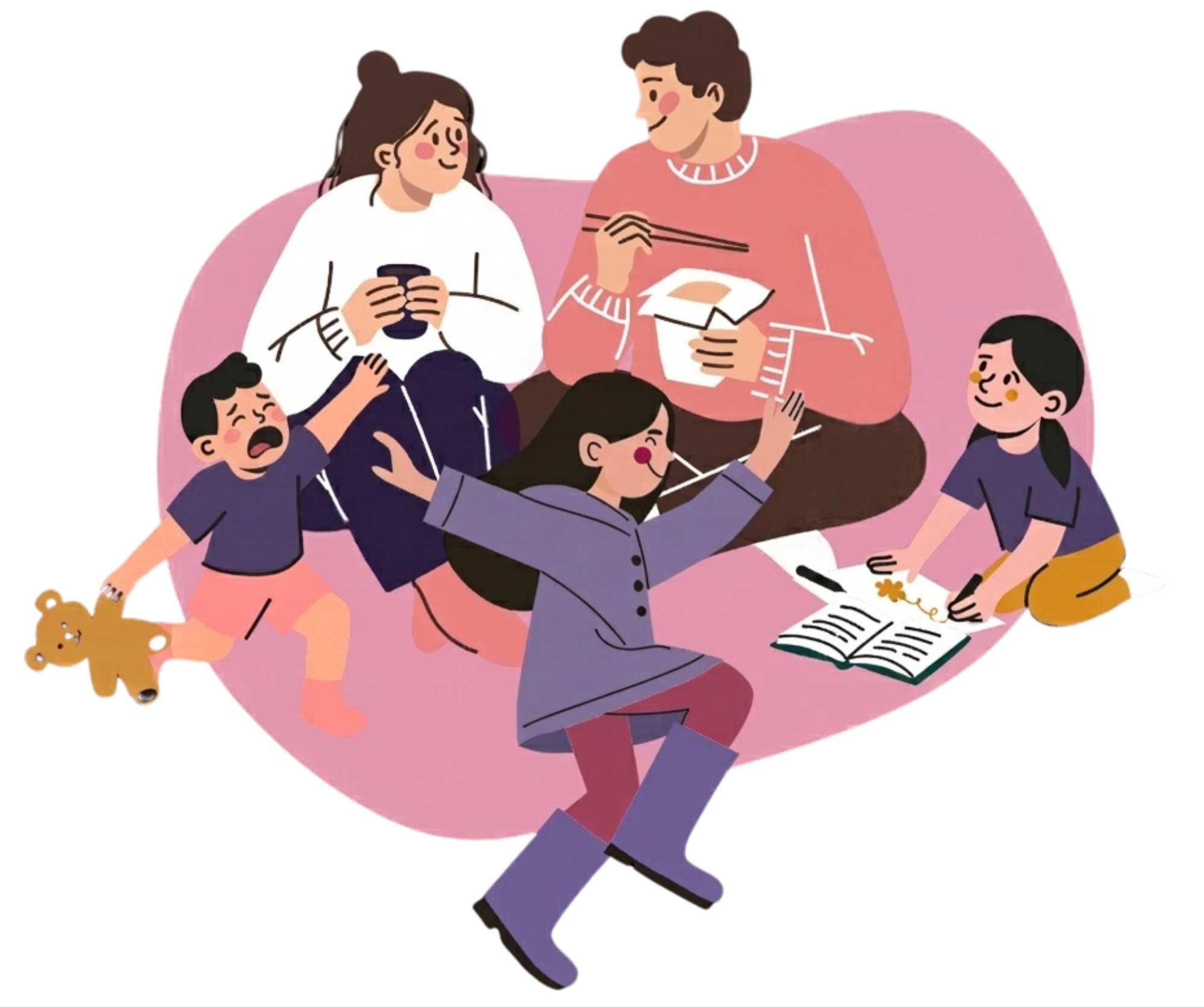 Illustration d’une famille réunie sur un canapé, avec des enfants qui jouent et dessinent pendant que les parents lisent et se détendent.