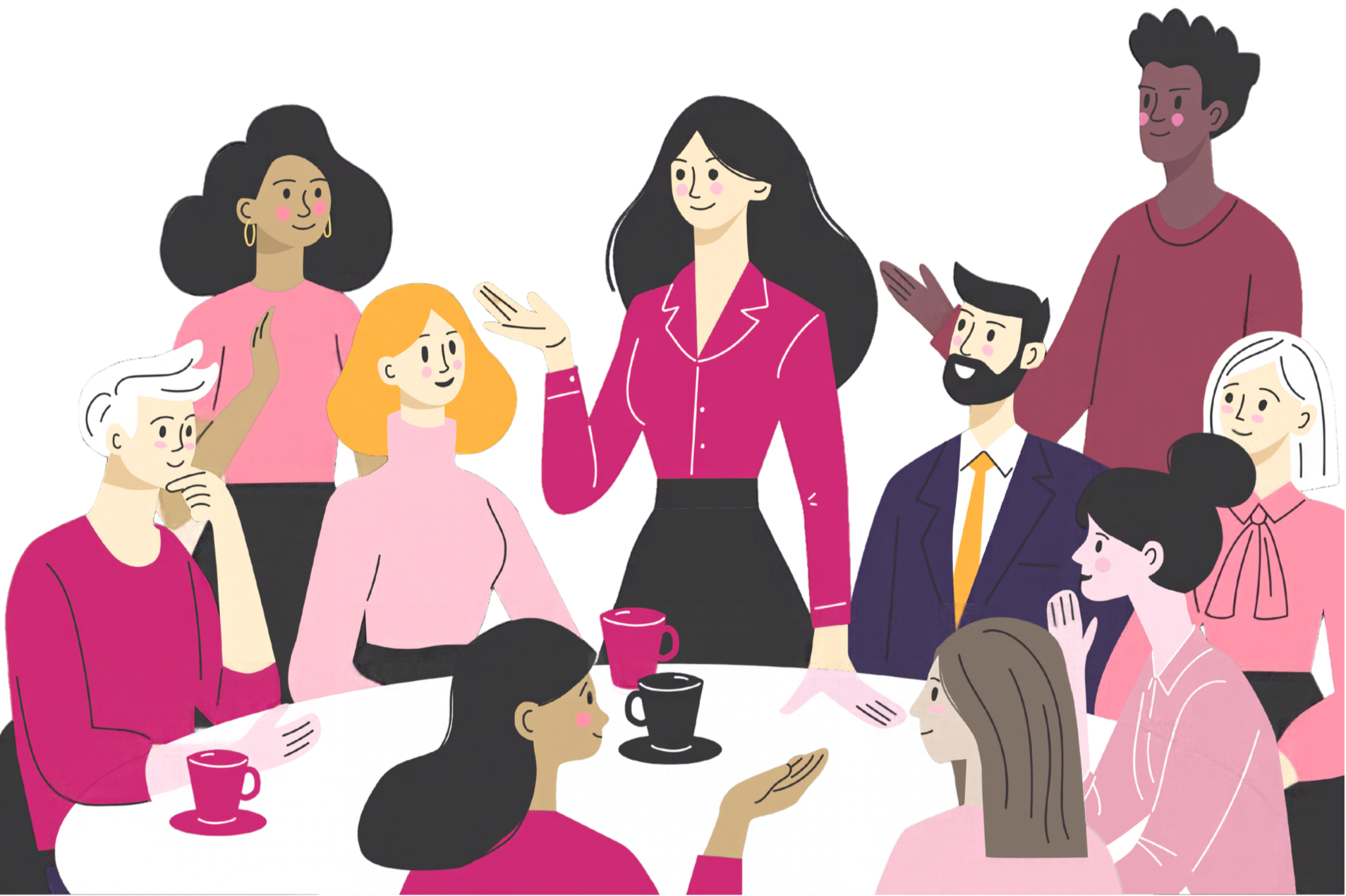 Illustration inclusive d’un groupe diversifié de personnes réunies autour d’une table pour discuter autour de tasses de café.