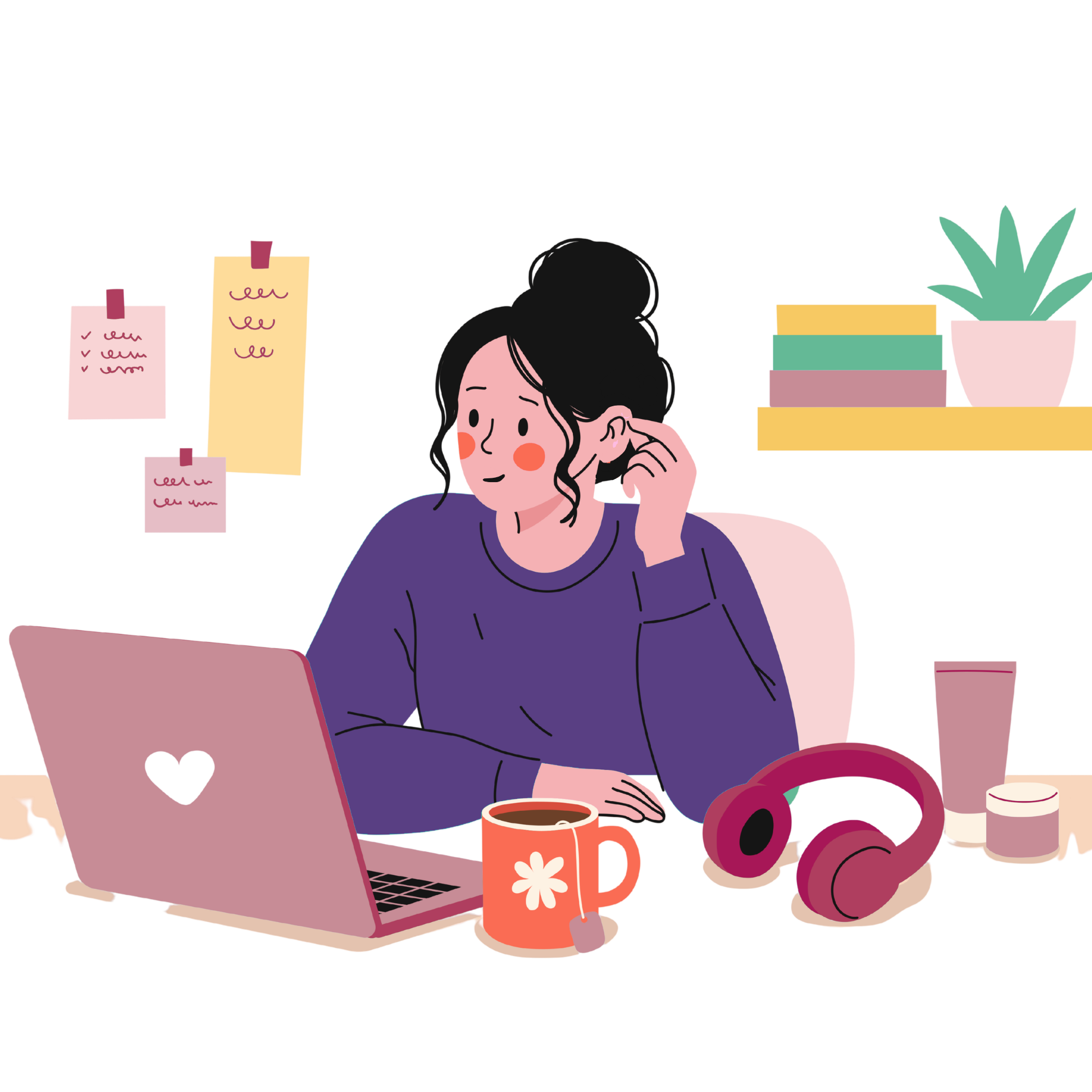 Illustration d’une femme travaillant sur un ordinateur portable, avec un café, un casque audio et une plante sur son bureau.