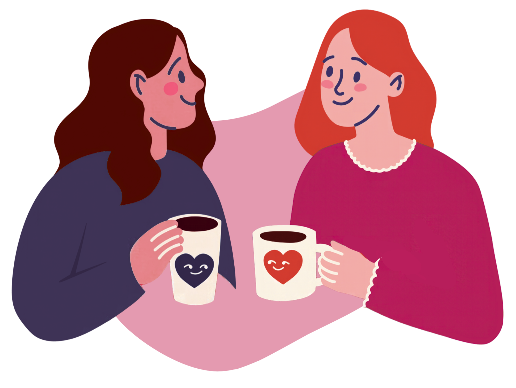 Illustration de deux femmes souriantes partageant un café, avec des tasses décorées de cœurs.
