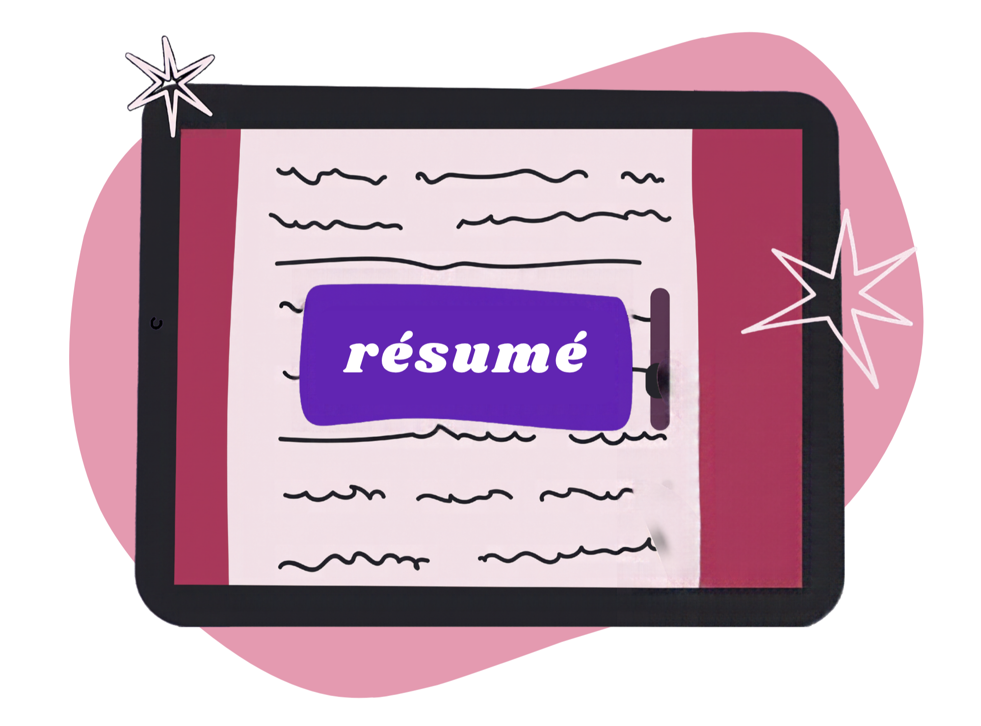 Illustration d’une tablette affichant une page avec le mot « résumé » en blanc sur un bouton violet.