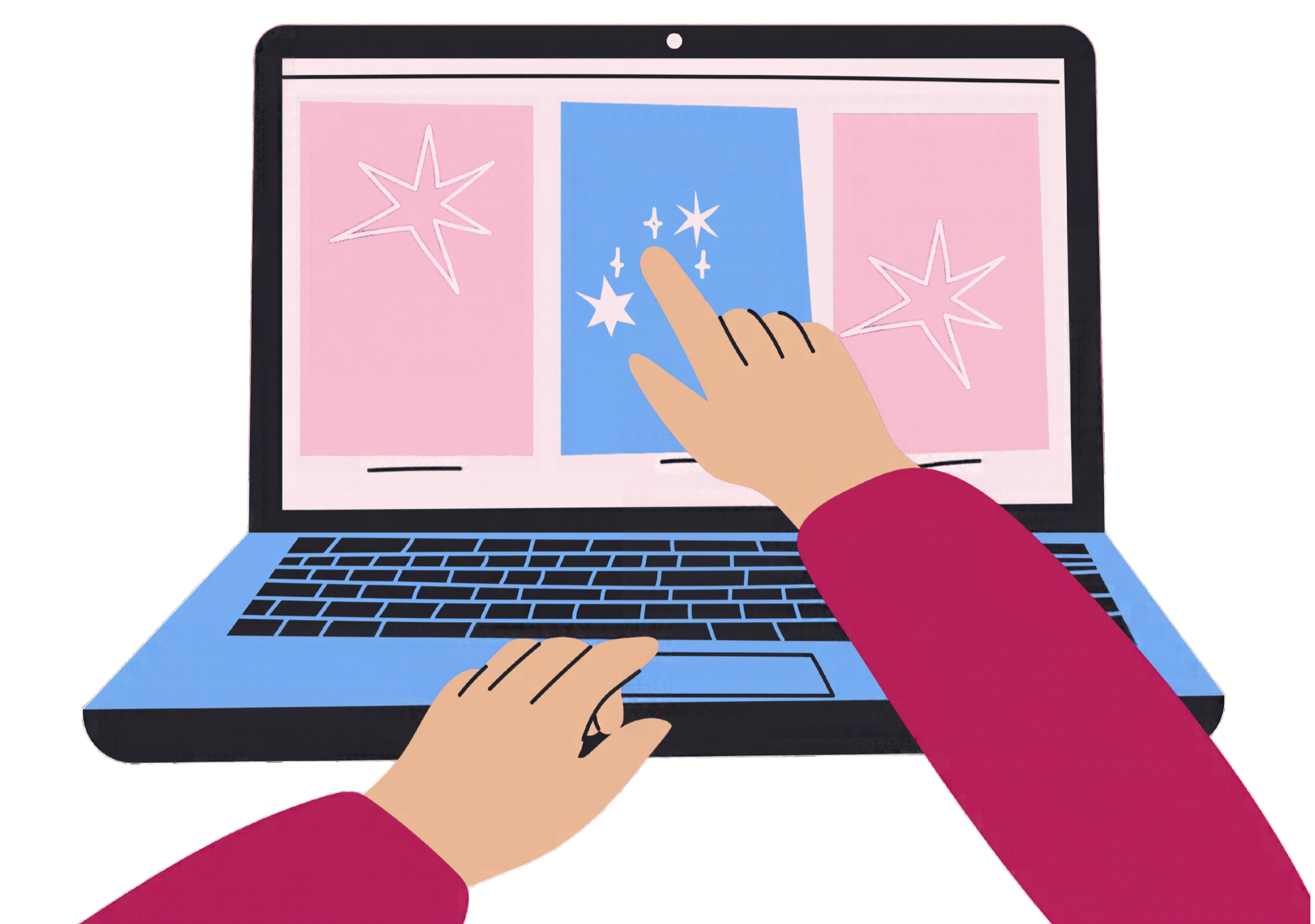 Illustration d’une personne utilisant un ordinateur portable pour sélectionner une image étoilée sur un écran tactile.