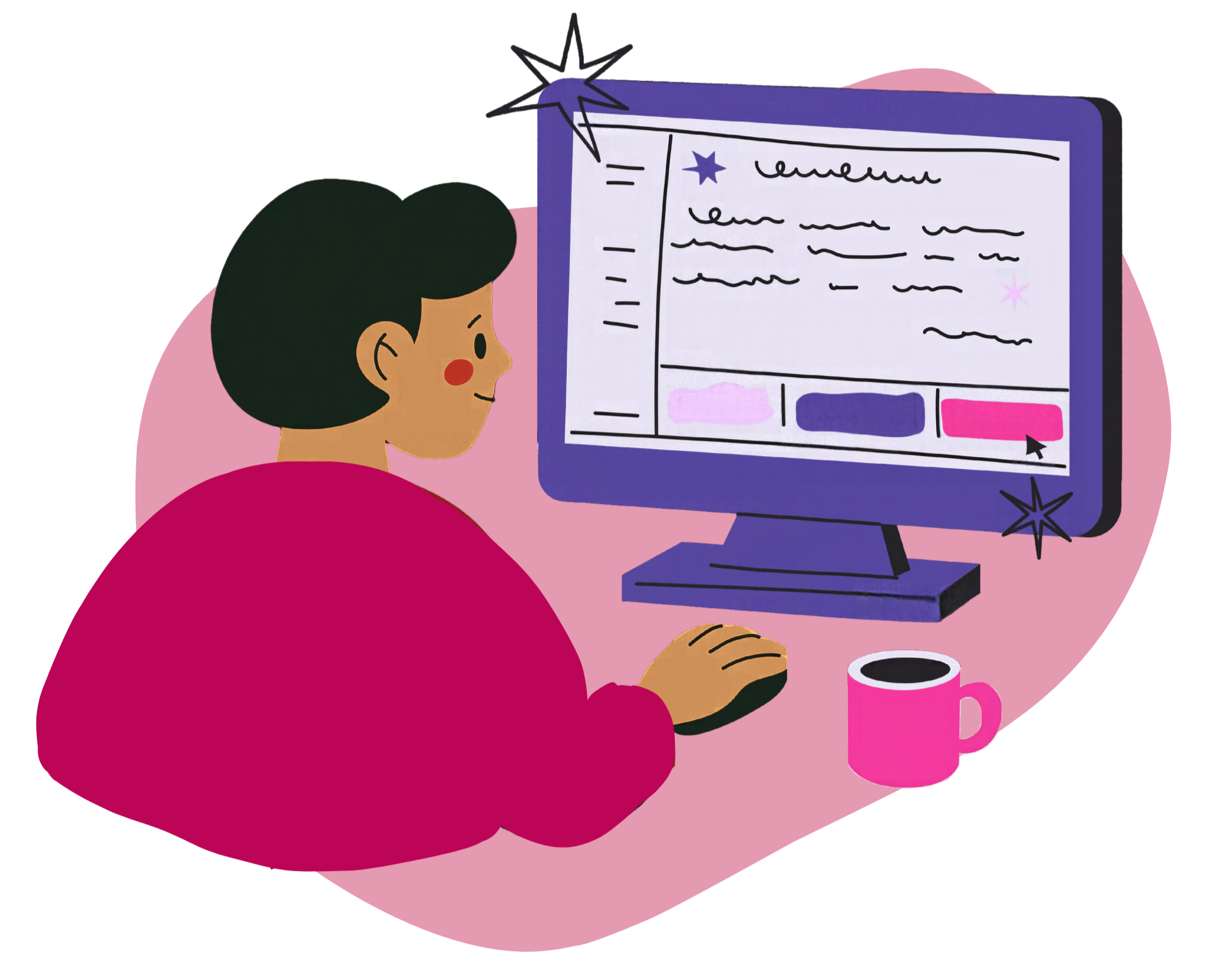 Illustration d’une personne travaillant sur un ordinateur avec une tasse de café rose.