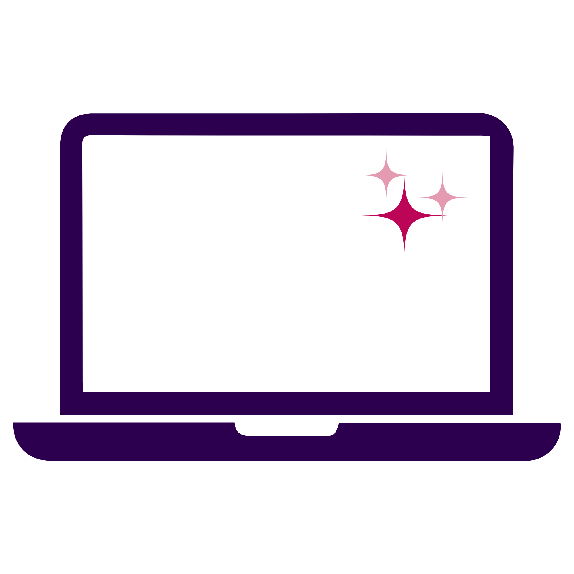 Illustration d’un ordinateur portable violet affichant trois étoiles scintillantes roses sur un écran noir.