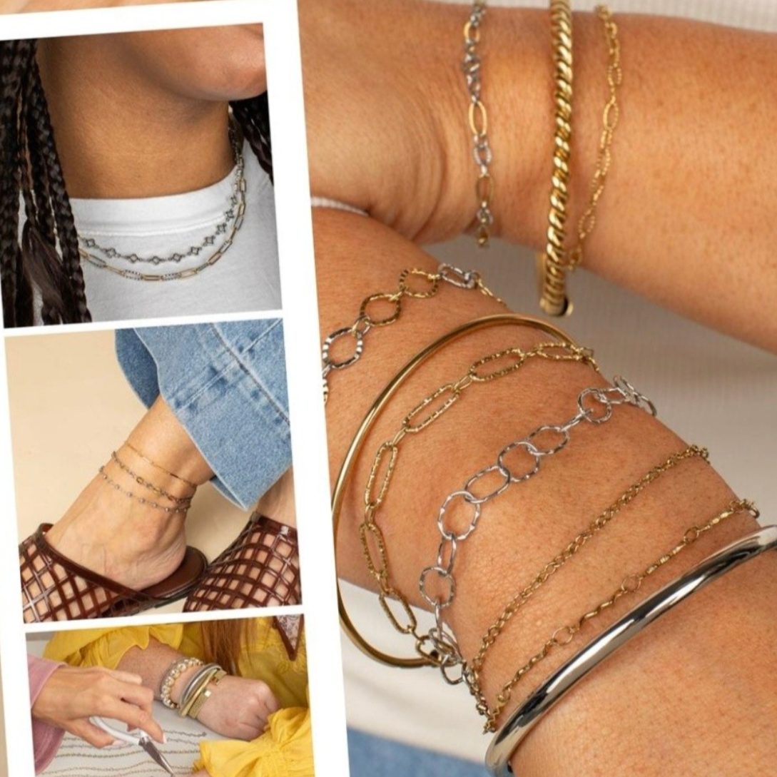Multiple images of jewelry, primarily gold and silver bracelets and layered necklaces, worn by women in different outfits.