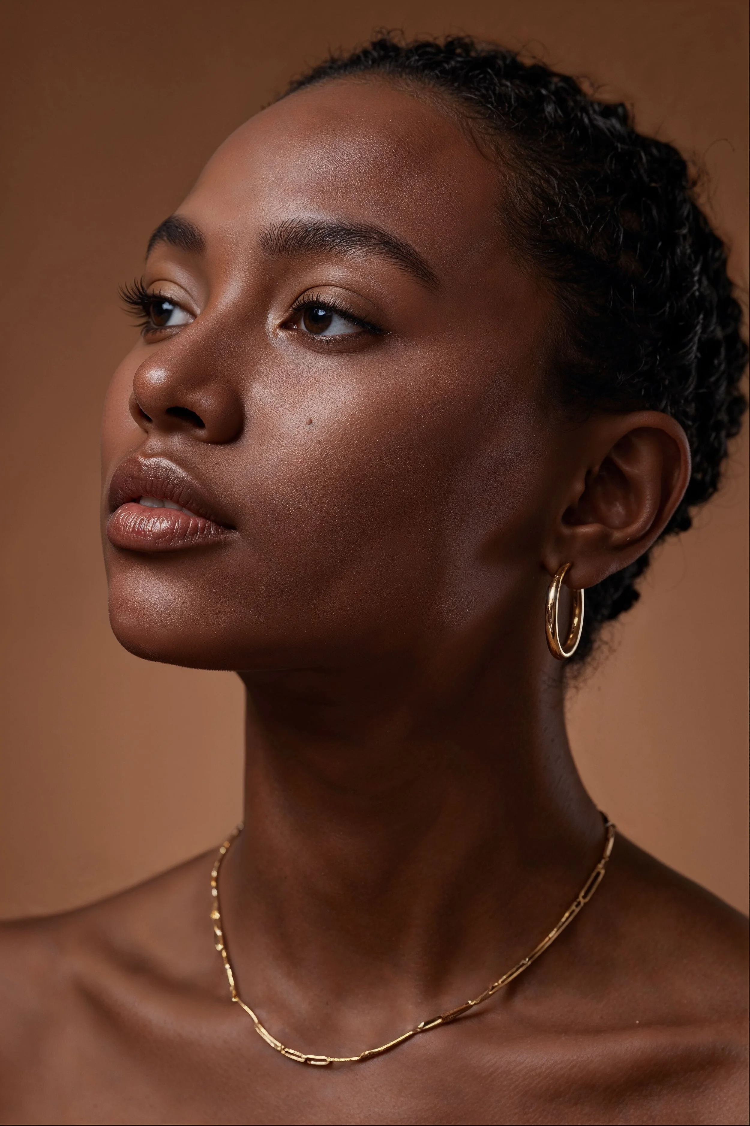 Close-up portrait of a woman with natural hair in low light