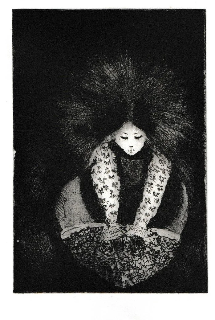  The Witch and the Water  hardground, softground and aquatint etching, (15 x 21 cm) 2025, edition of 15