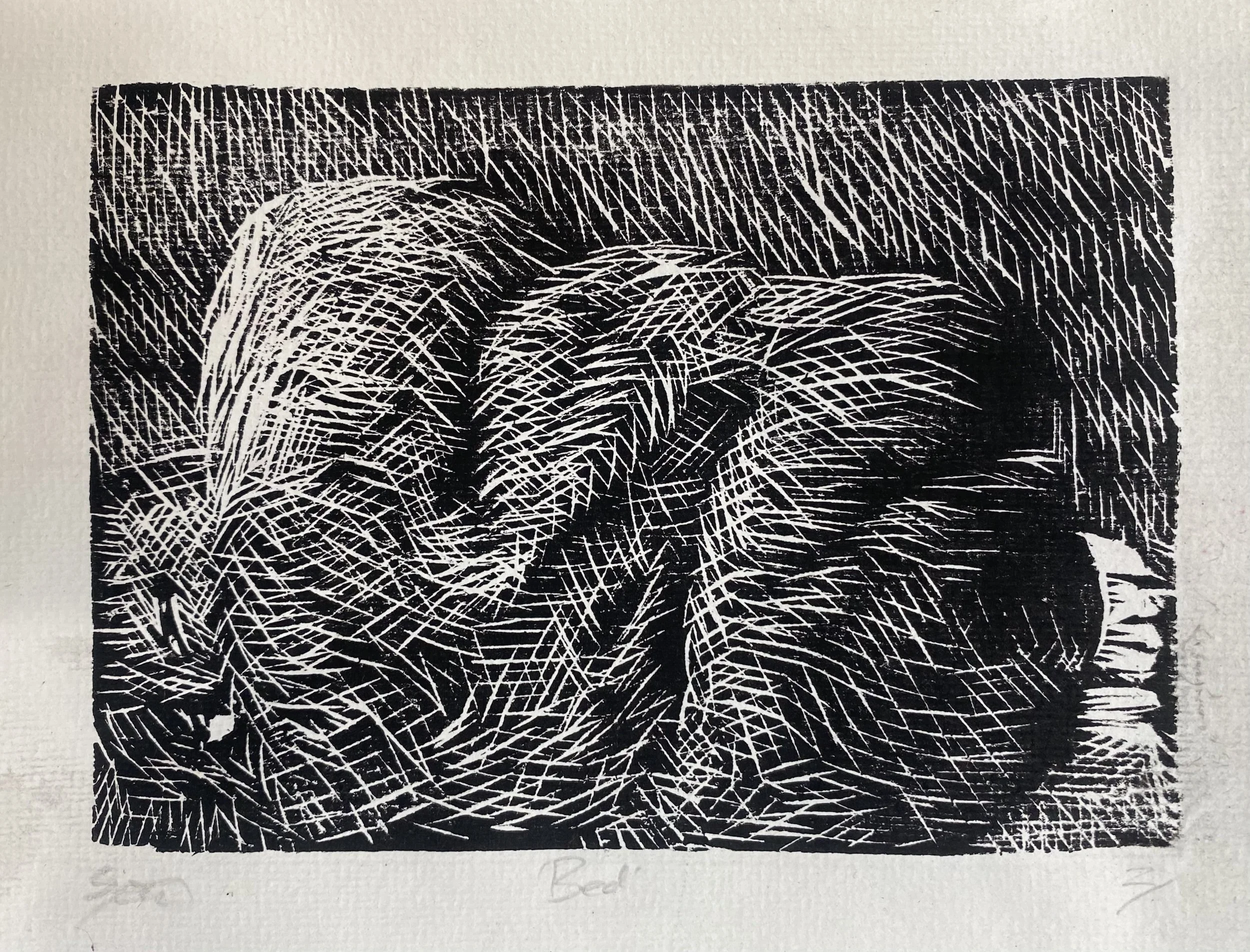  In Bed , woodcut (15 x 11 cm), 2025, edition of 10 