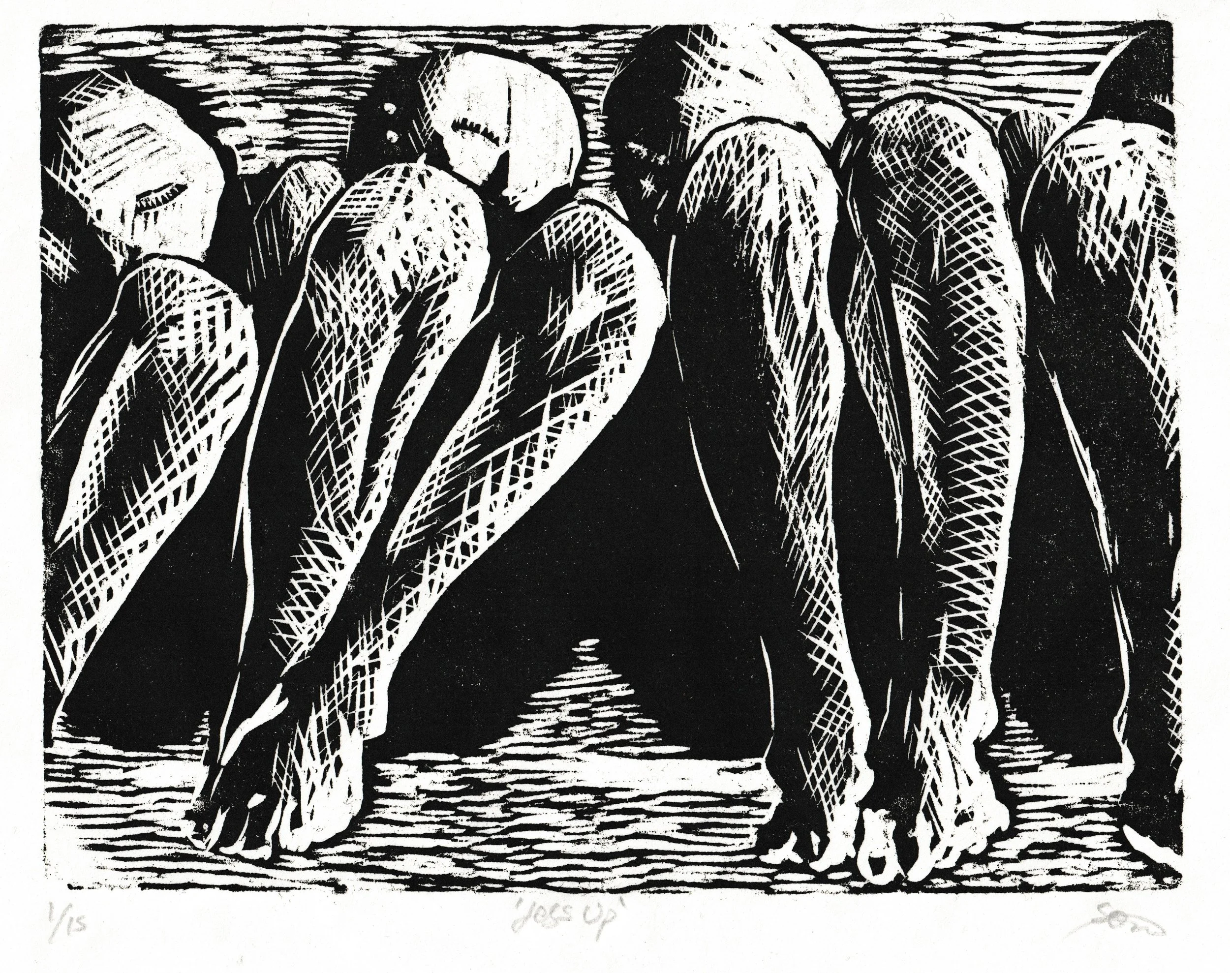  Knees Up!  woodcut, (21 x 15 cm), 2025, edition of 15