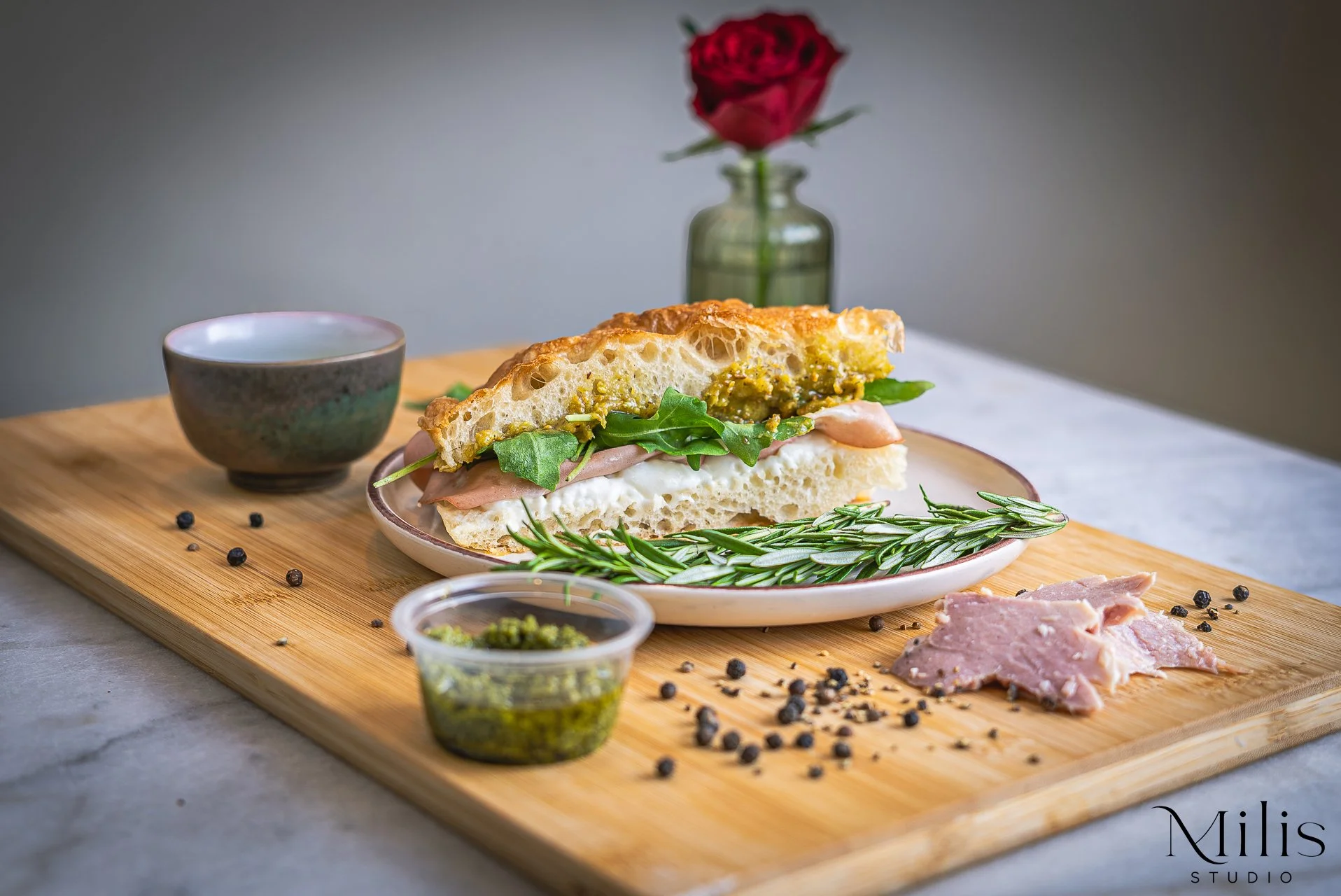 Styled Italian focaccia sandwich photographed by Milis Studio