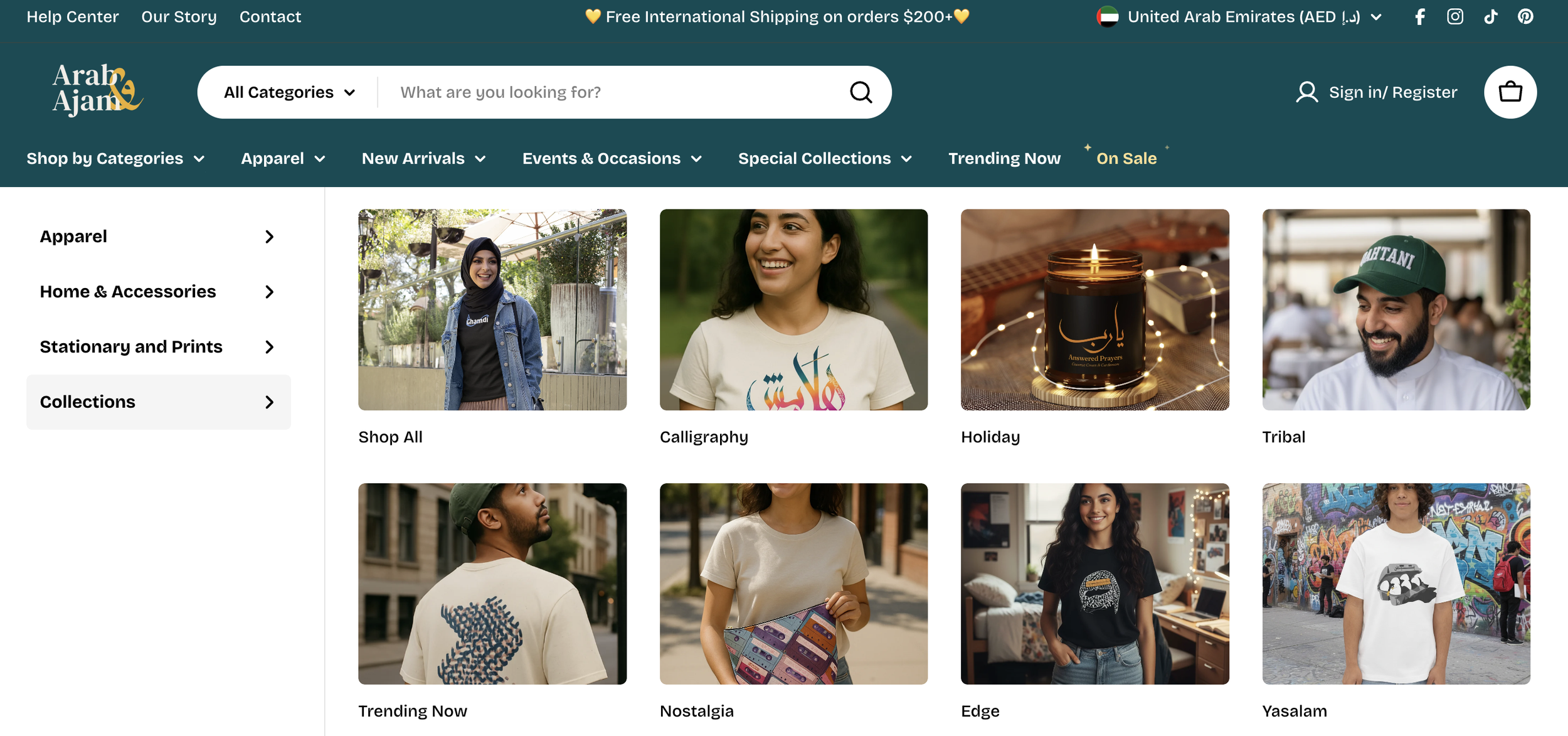 Screenshot of the homepage of the Arab and Arab and Ajam online store, featuring navigation menu, search bar, and several product images including clothing and accessories, with people smiling and urban backgrounds.