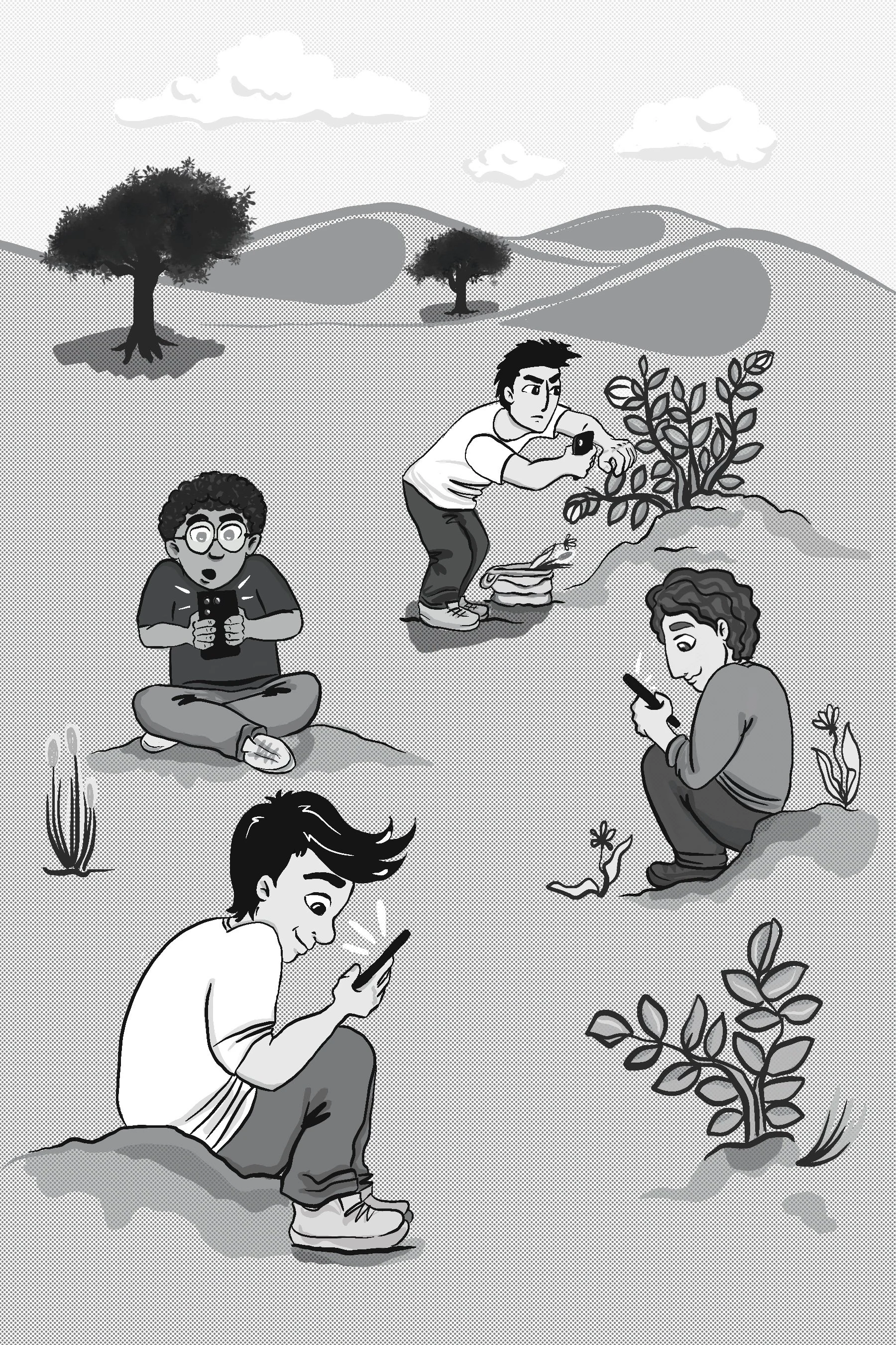 Four young people sitting on rocks outdoors, all looking at their smartphones. One boy is crouched near a small plant, and two of them are standing, one near a bush, all surrounded by distant hills and clouds.