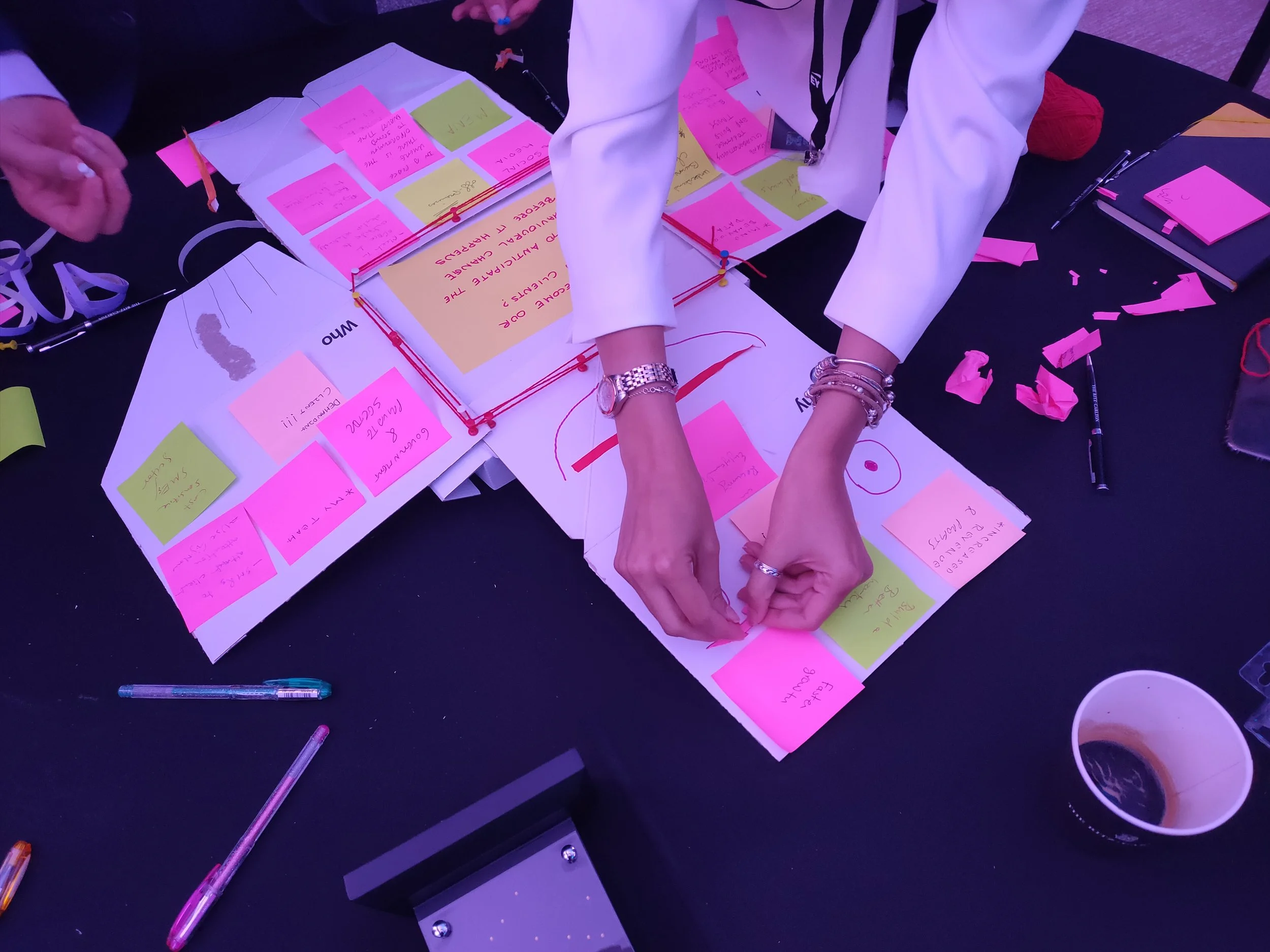 A cluttered desk with various pink and yellow sticky notes, pens, and paper clips. There are people working with their hands visible, some wearing jewelry.
