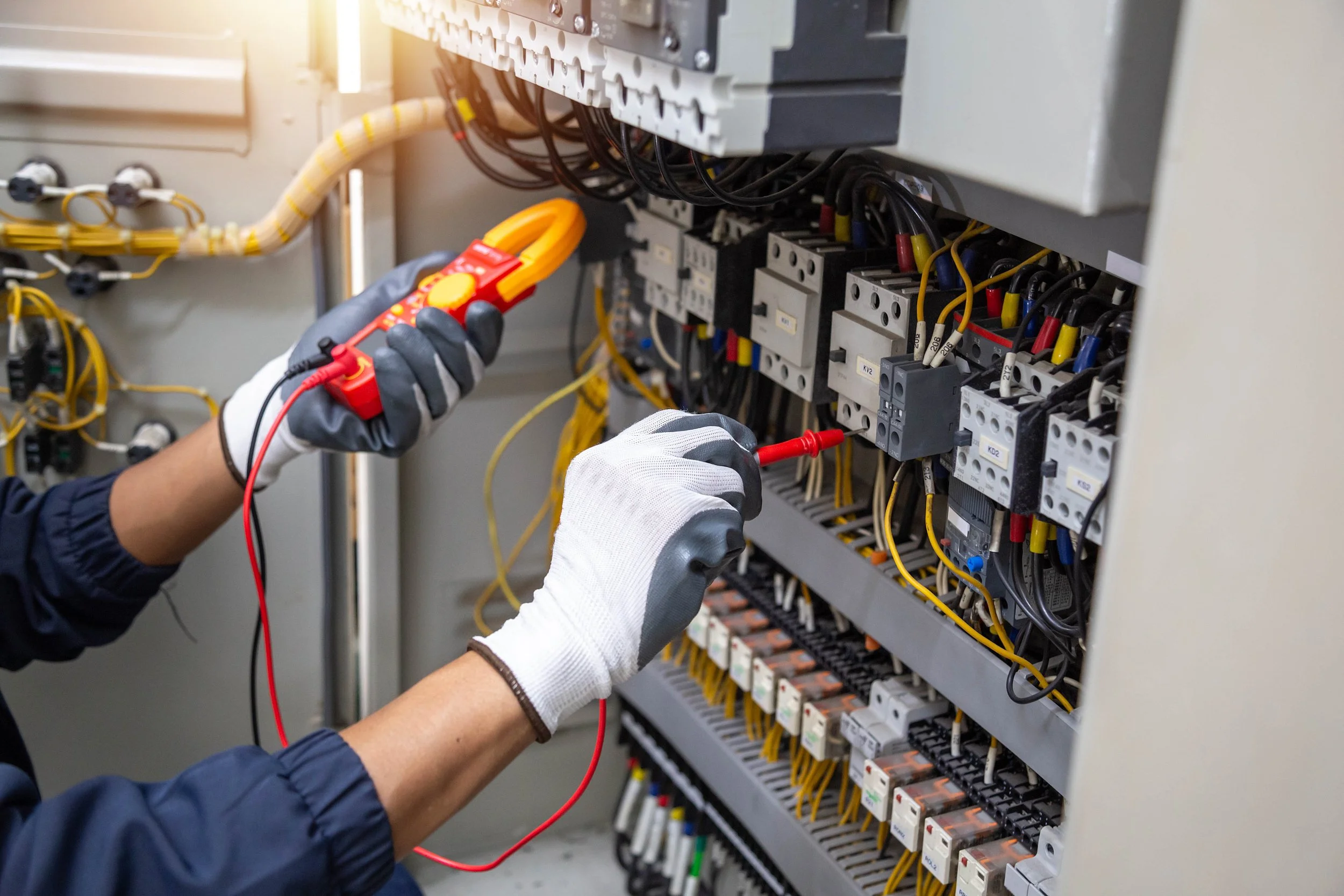 Person testing circuit breakers with a multimeter in an electrical panel.