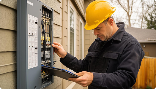 Electrician inspecting an electrical panel outdoors while holding a clipboard and wearing a yellow safety helmet.