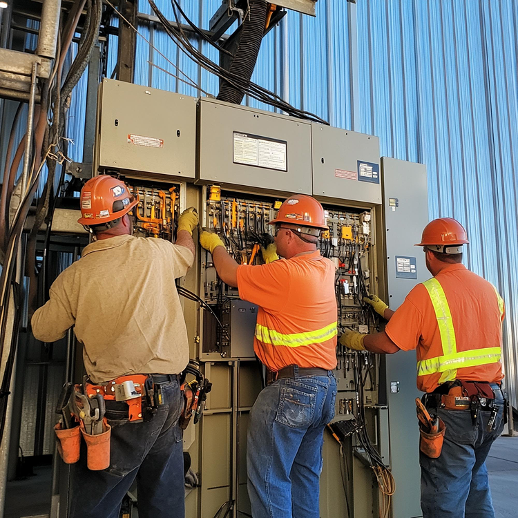 Three male workers wearing safety helmets and gloves working on electrical panels inside an industrial facility with a blue corrugated metal wall.