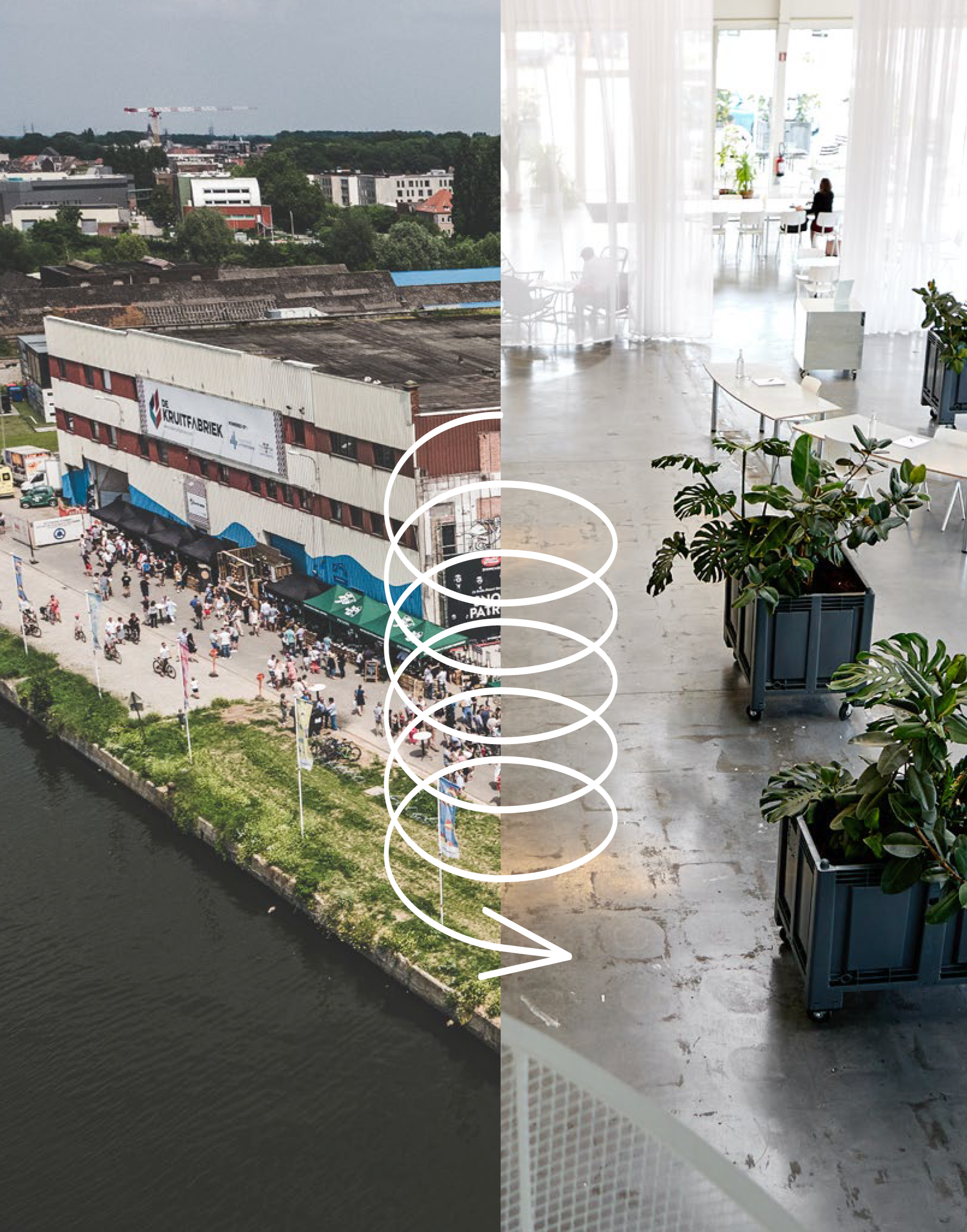 De afbeelding toont een samengestelde foto met een linker en rechter zijde. De linkerzijde toont een stadszicht met gebouwen, een kraan, groen bedekte heuvels en een mensenmenigte die een evenement bij een gebouw met een bord 'Krautfabriek' bij een waterkant bezoeken. De rechterzijde toont een lichte, moderne indoor setting met grote ramen, witte gordijnen, een paar mensen, tafels, stoelen, planten in grote potten, en een vloer met een paar vlekken en sporen.