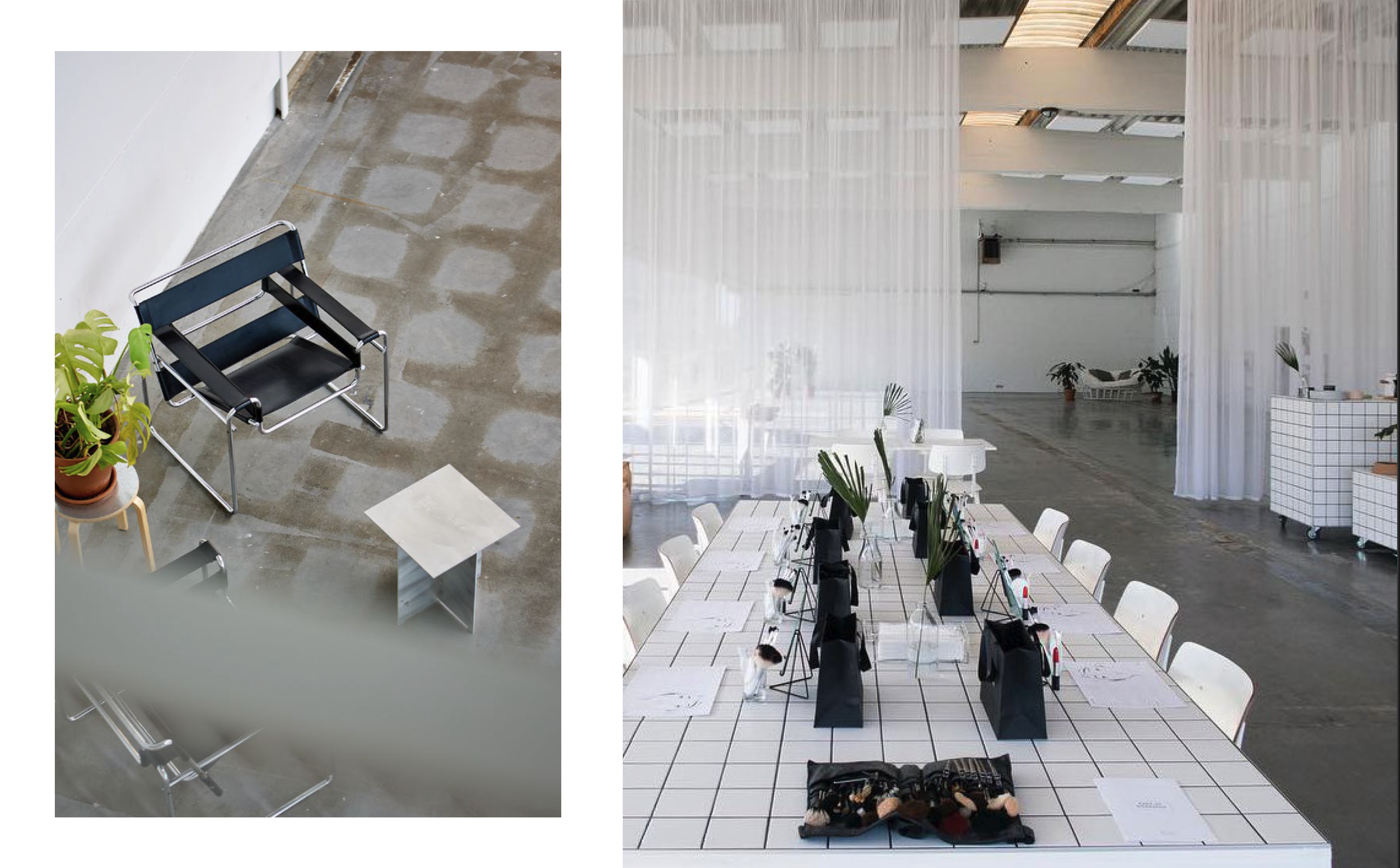 De eerste afbeelding is een onafgewerkte ruimte met een betonnen vloer, meubels, en planten. De tweede afbeelding laat een grote, lichte ruimte zien met een lange tafel met witte stoelen, decoratieve planten, en witte gordijnen die het hele plafond bedekken.