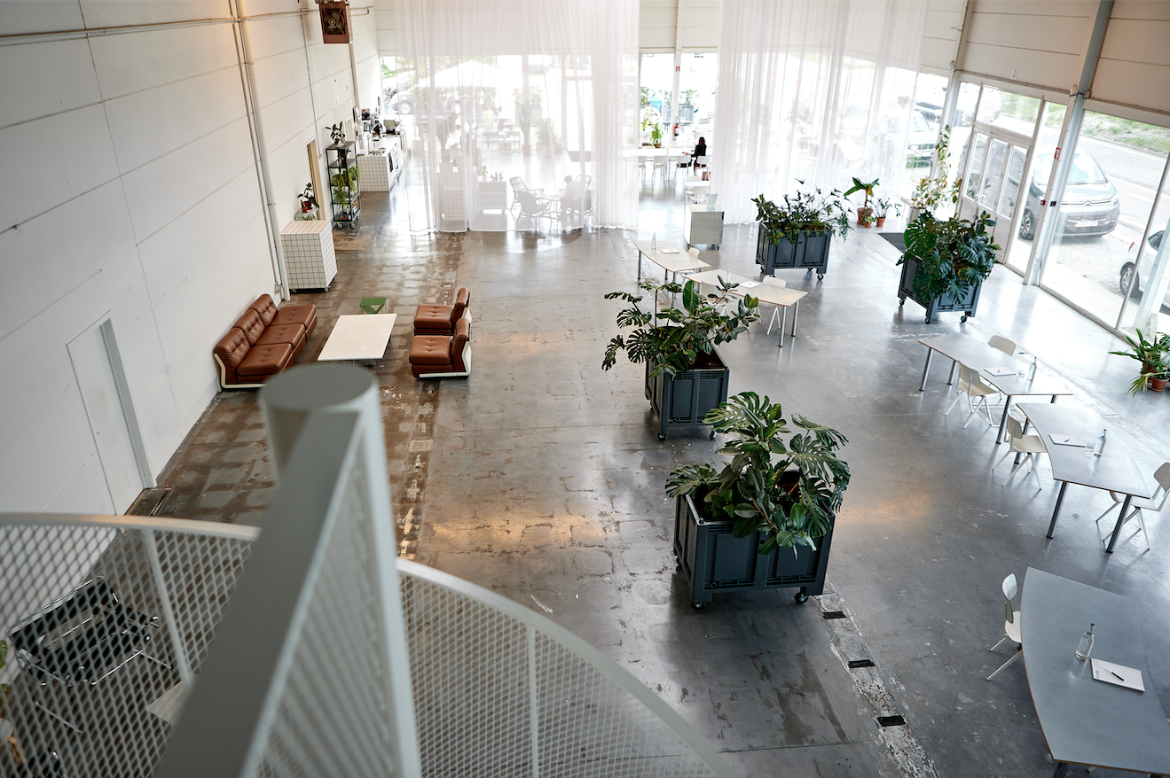 Licht gevuld interieur van een modern café met planten, tafels en stoelen, en grote ramen met gordijnen.