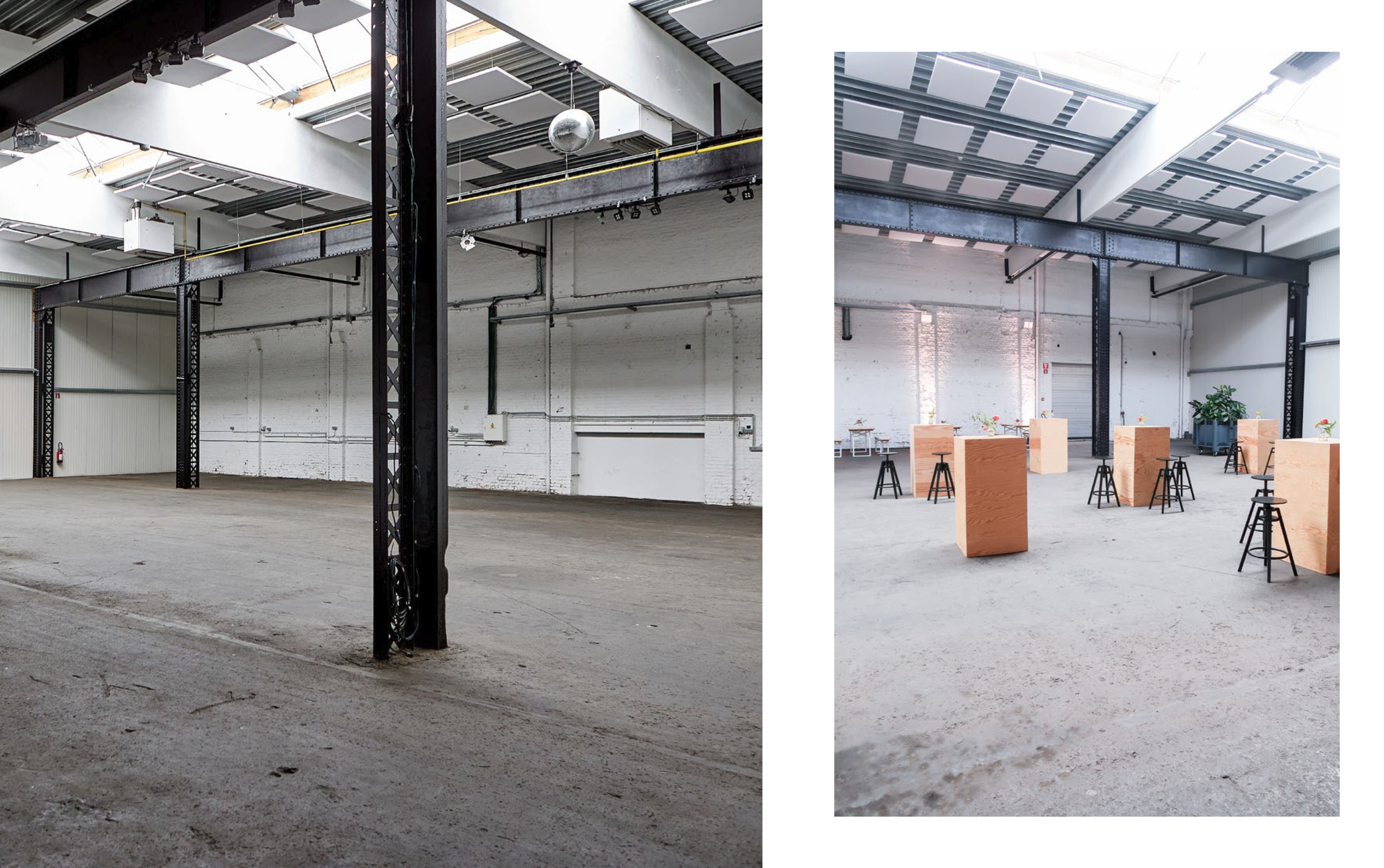Linker afbeelding toont een lege industriële ruimte met een betonnen vloer en witte muren, het plafond heeft panelen en een spiegelbol hangt. Rechter afbeelding toont dezelfde ruimte ingericht als een moderne ontmoetingsplek met houten statafels, zwarte krukken, planten en tafels, en het plafond met panelen lijkt hetzelfde.