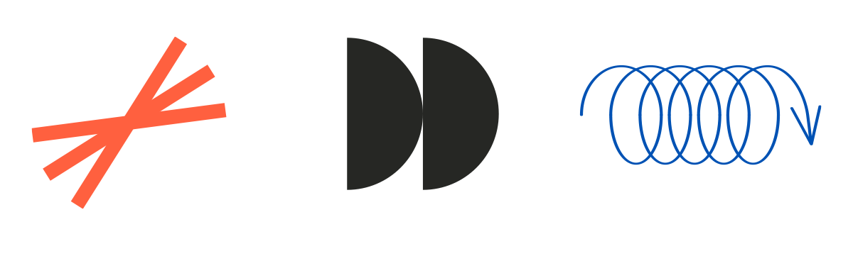 Diagram met drie symbolen: een rode explosie, een zwarte dubbele D, en een blauwe spiraal.