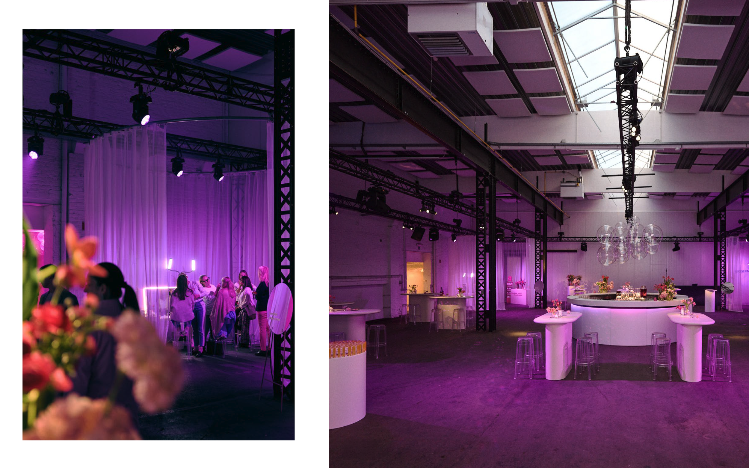 Links: Gezin of vrienden die genieten in een ruimte met geel licht, met witte wanden en een witte gordijn, decoratie met bloemen op de voorgrond. Rechts: Een grote, open feestzaal met een hoog plafond met glazen dak, versierd met een kroonluchter, met tafels en hoge bartafels, onderlicht met een paarse gloed.