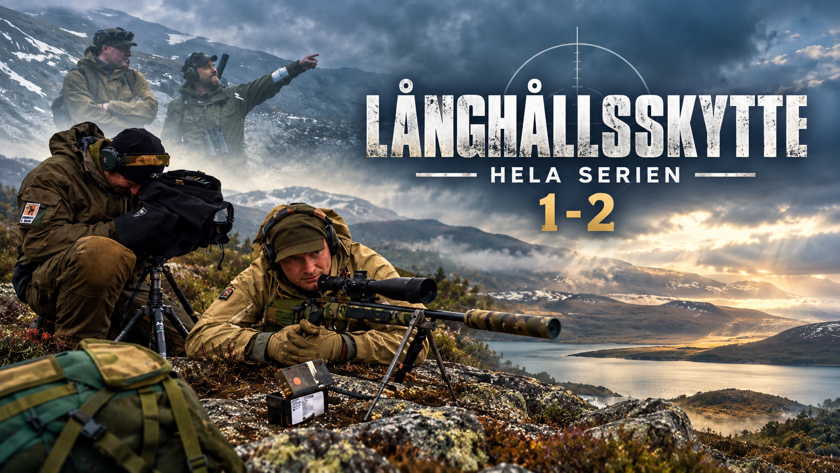 Omslag till Långhållsskytte – hela serien 1–2, med jägare som skjuter med kikarsiktesförsedda gevär i nordisk fjällmiljö.