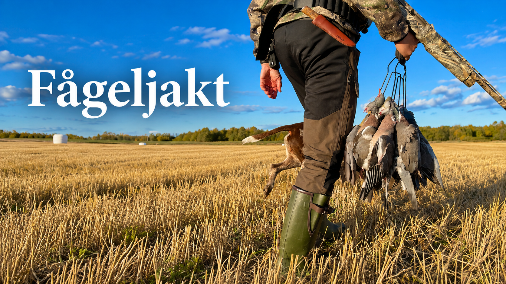 Jägare med fällda duvor efter duvjakt på skördad åker.